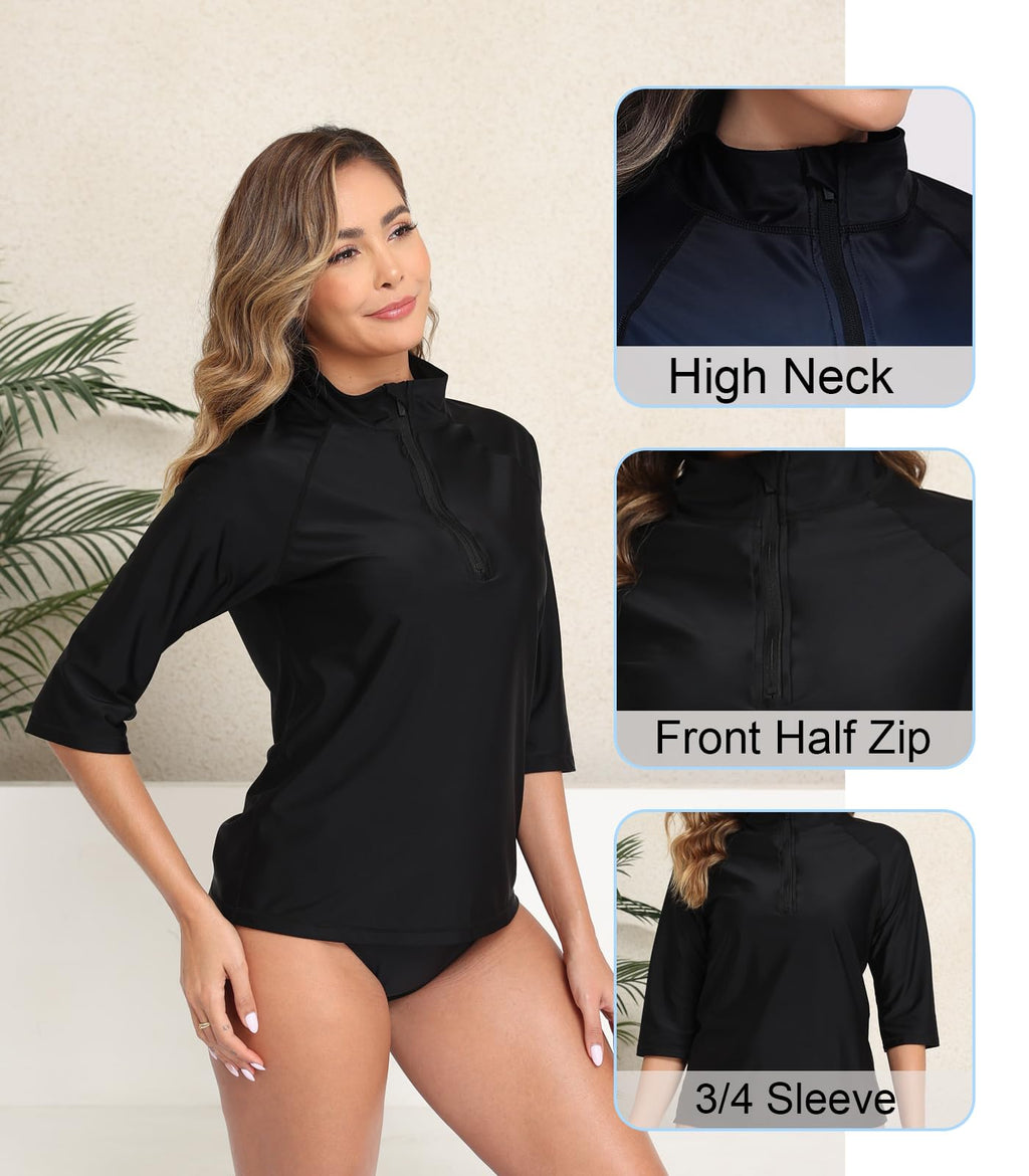 Halcurt Women's 3/4 Sleeve Rash Guard Swimsuit Top High Neck Half Zip Swim Shirt Only UPF50+ Quick Dry Bathing Suit Black M