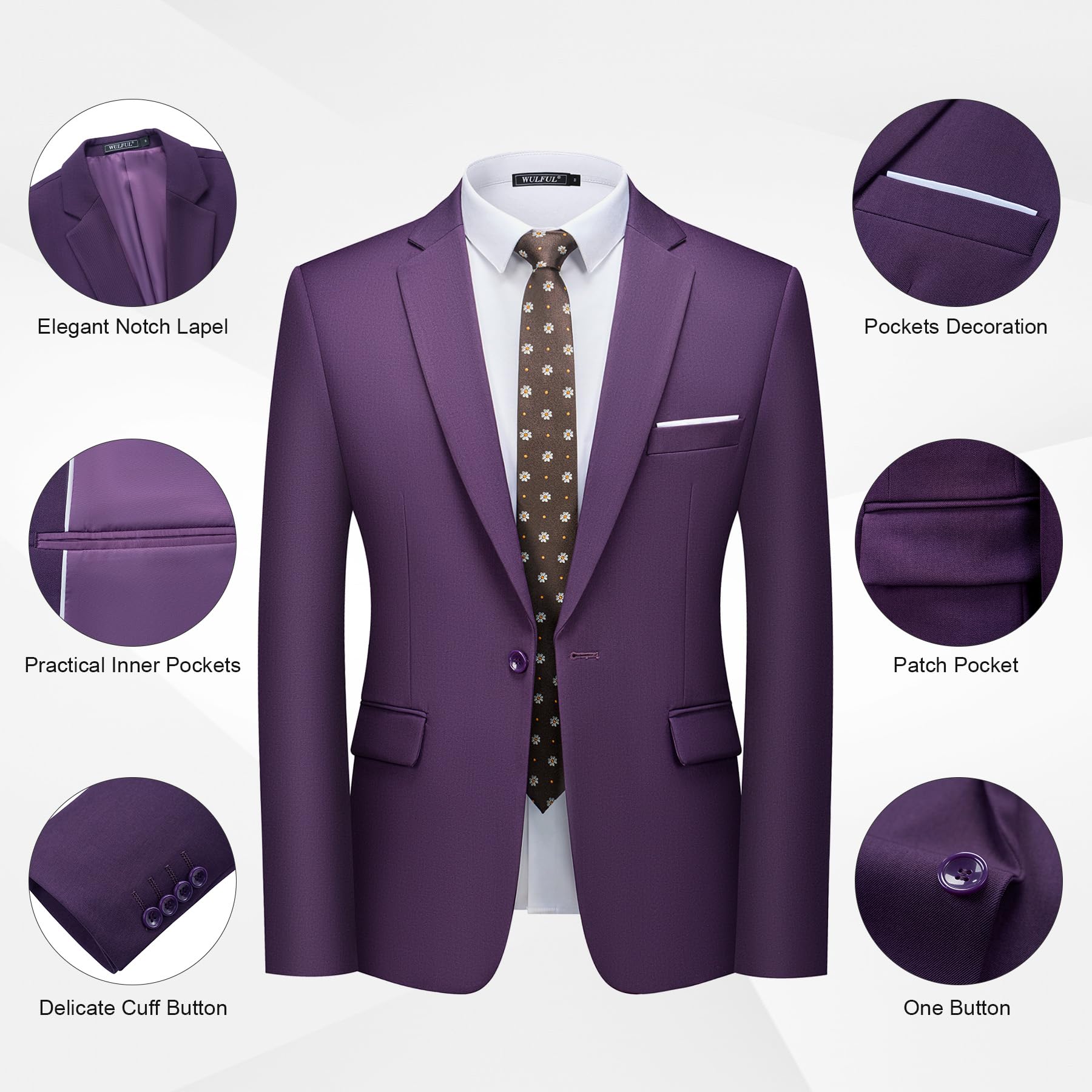 WULFUL Men's 2 Piece Slim Fit Suit Set One Button Blazer Jacket Pants Tuxedo Set for Party, Wedding and Business Purple