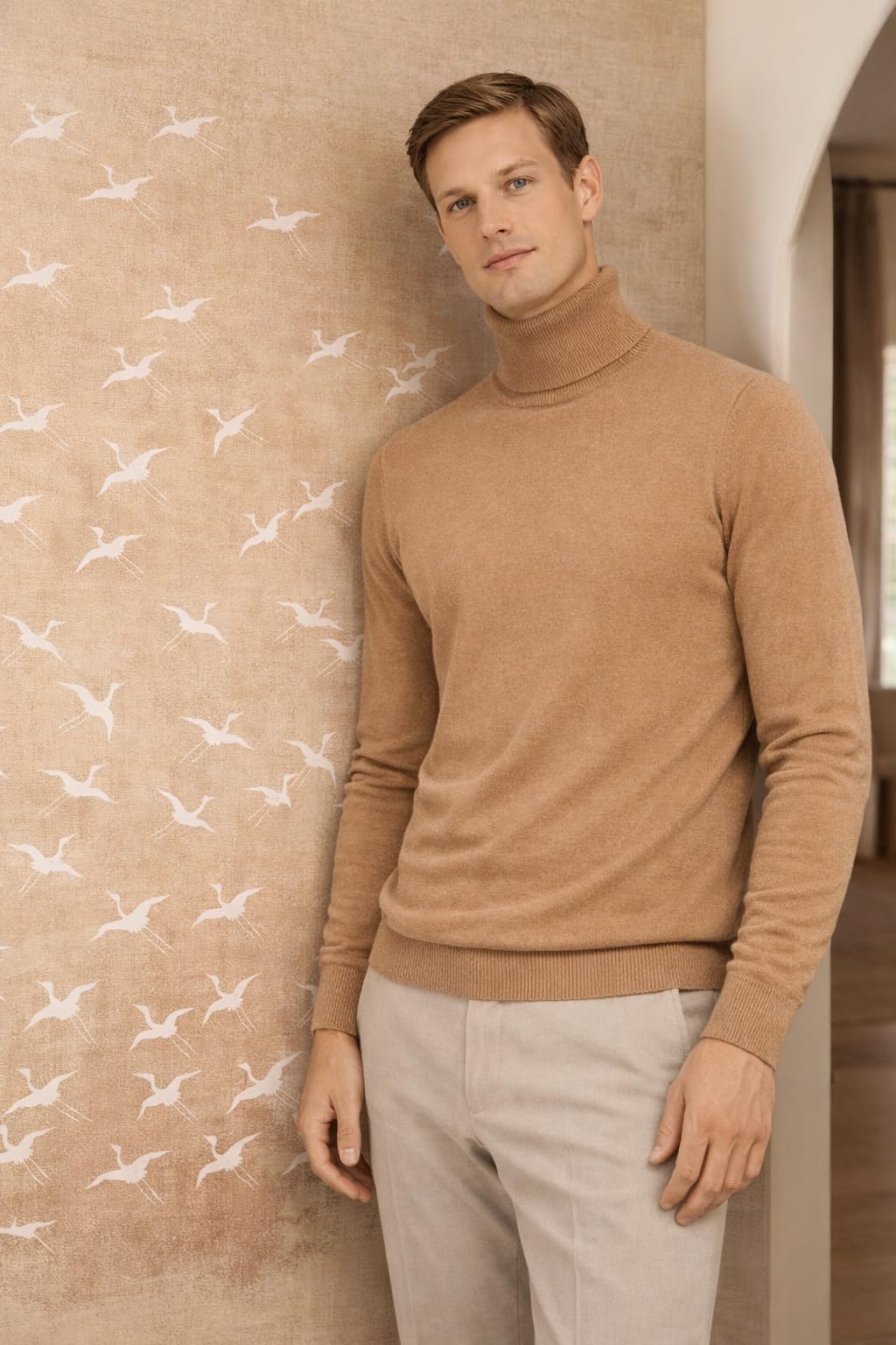 State Cashmere Men's Essential Turtleneck Sweater 100% Pure Cashmere Classic Long Sleeve Pullover (Camel, Large)