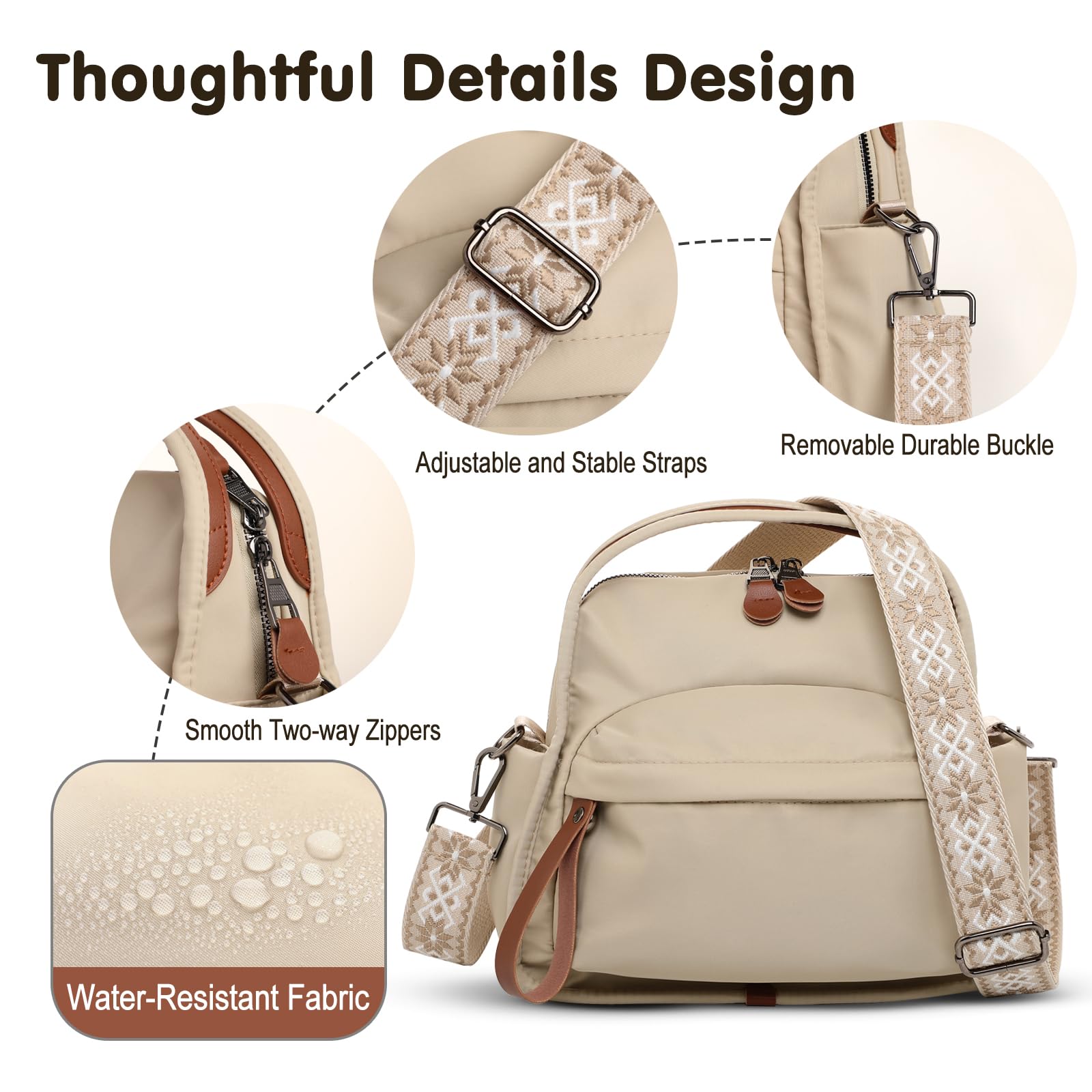 Nylon Crossbody Bags for Women, Water-Resistant Lightweight Shoulder bag with Large Capacity & Organized Design, Top Handle Bag with 2 Interchangeable Adjustable Shoulder Straps(Khaki)