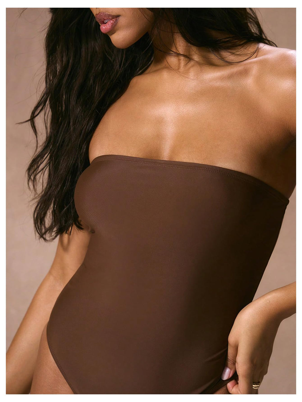 WDIRARA Women's One Piece Swimsuit Strapless Bandeau Bathing Suits Tummy Control Swimwear Coffee Brown X-Small