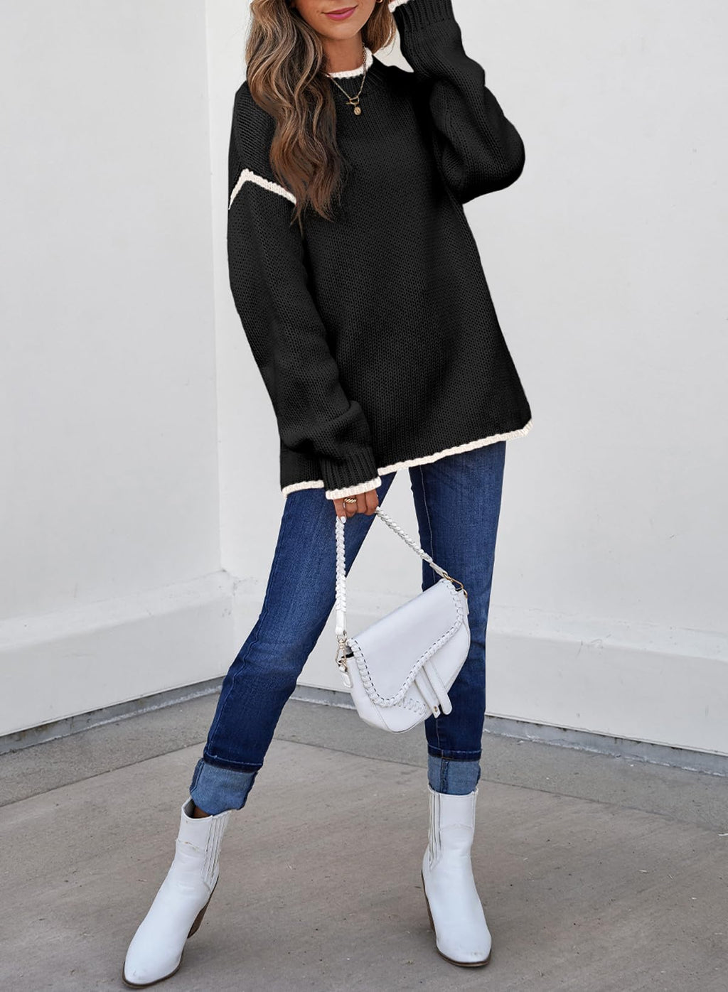 SHEWIN Fall Sweaters for Women 2025 Trendy Long Sleeve Drop Shoulder Womens Tops Oversized Sweater Business Casual Loose Cozy Warm Winter Clothes,US 12-14(L),Black