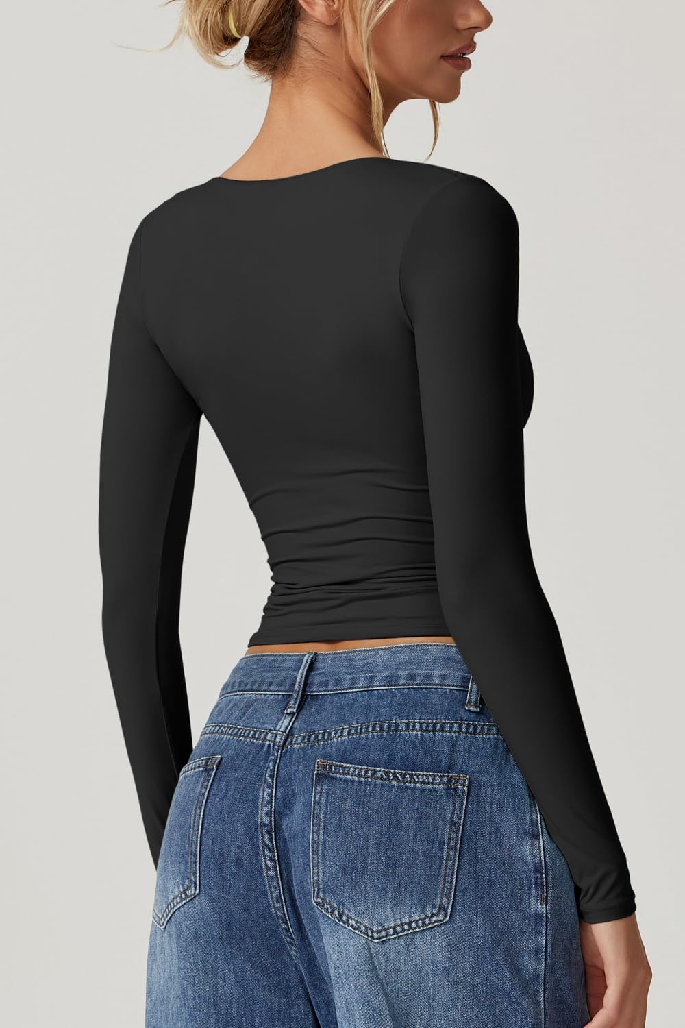 QINSEN Long Sleeve V Neck T Shirts for Women Double Lined Tee Sexy Seamed Cup Going Out Tops Black S