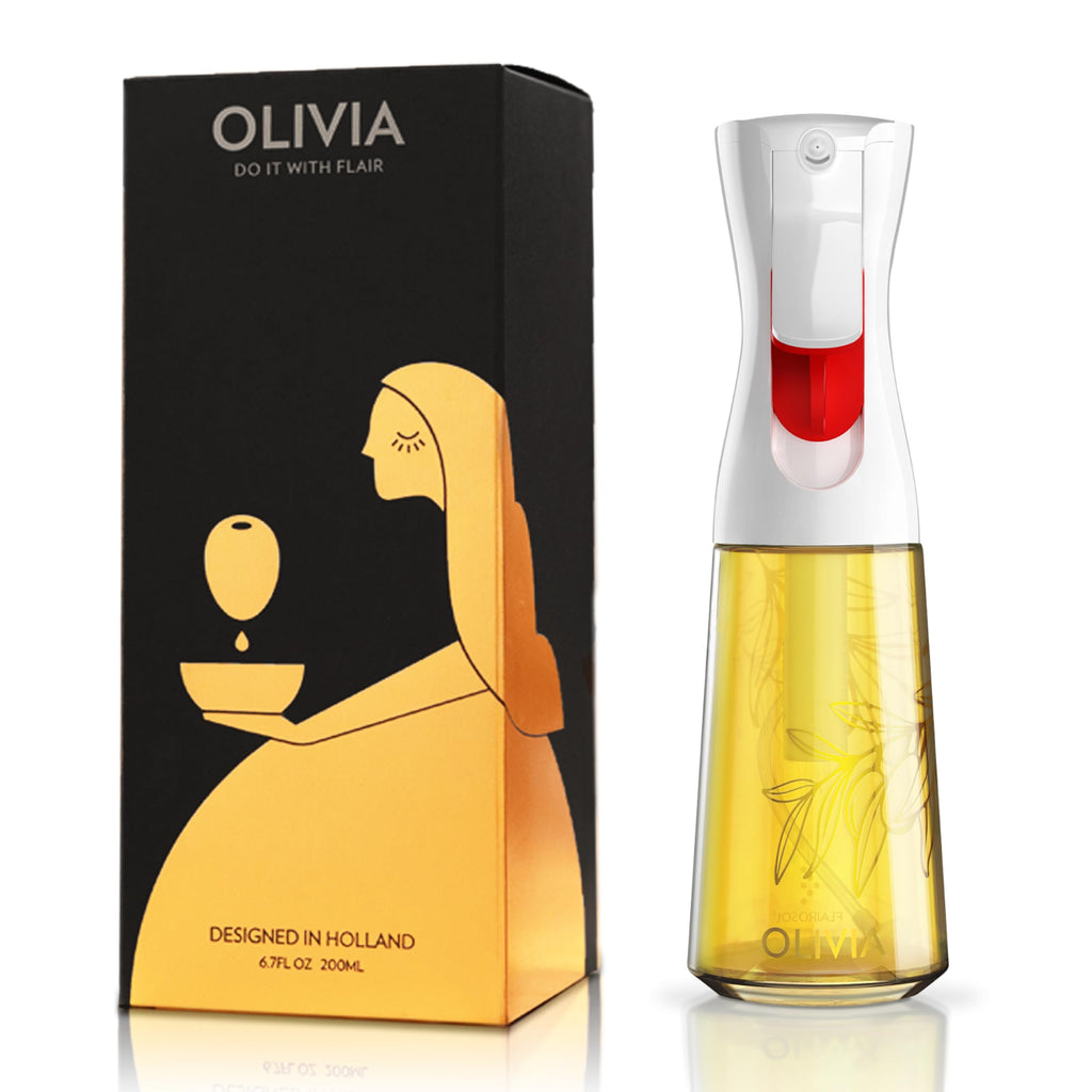 FLAIROSOL OLIVIA Oil Sprayer for Cooking, 200ml Glass Olive Oil Sprayer, Continuous Cooking Spray Bottle with Portion Control, Olive Oil Dispenser for Kitchen, Air Fryer, Salad, BBQ (Golden Leaves)