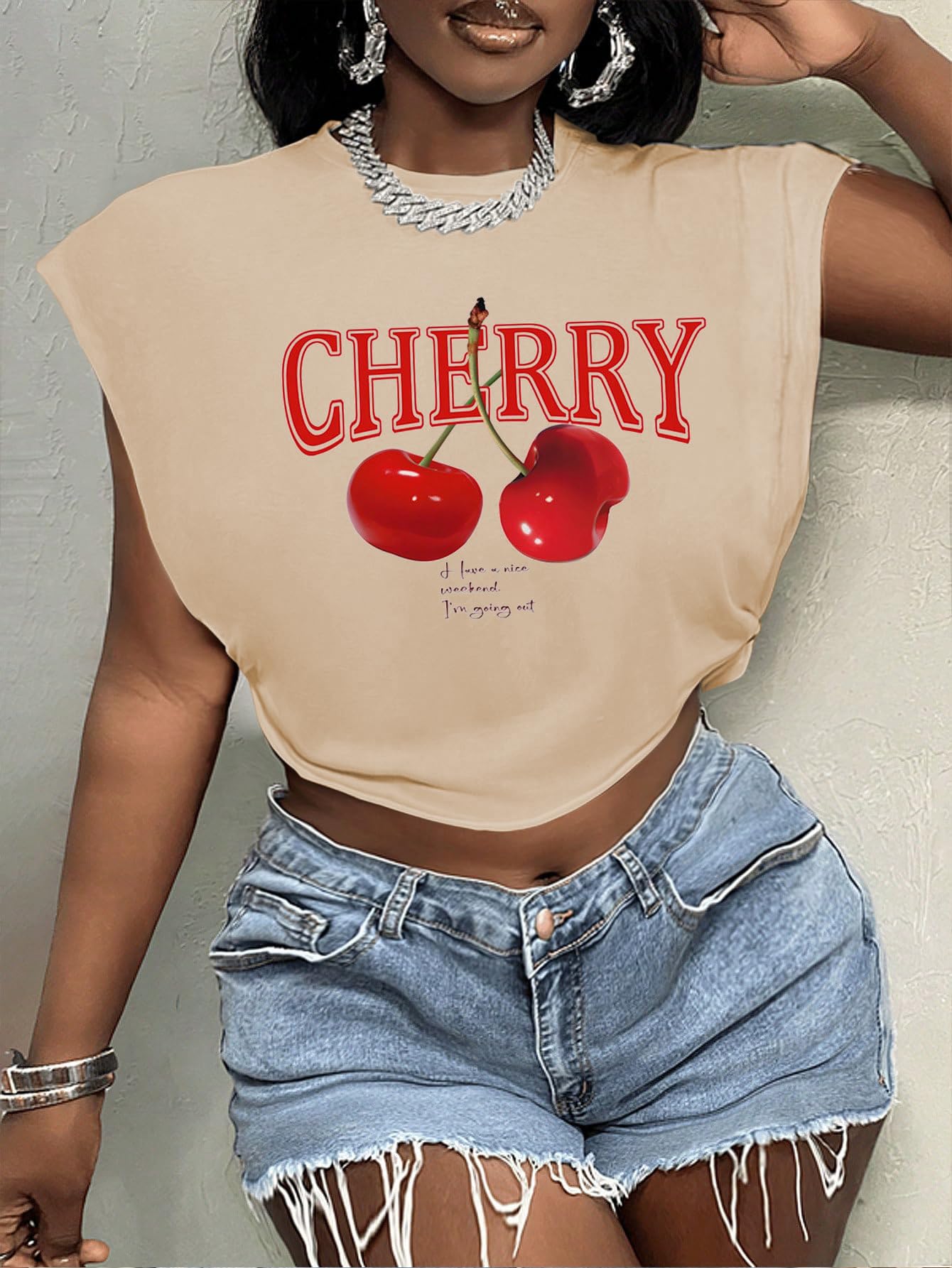 WDIRARA Women's Plus Size Cherry Letter Graphic T-Shirts Crew Neck Dolman Sleeve Crop Top Apricot X-Large Plus