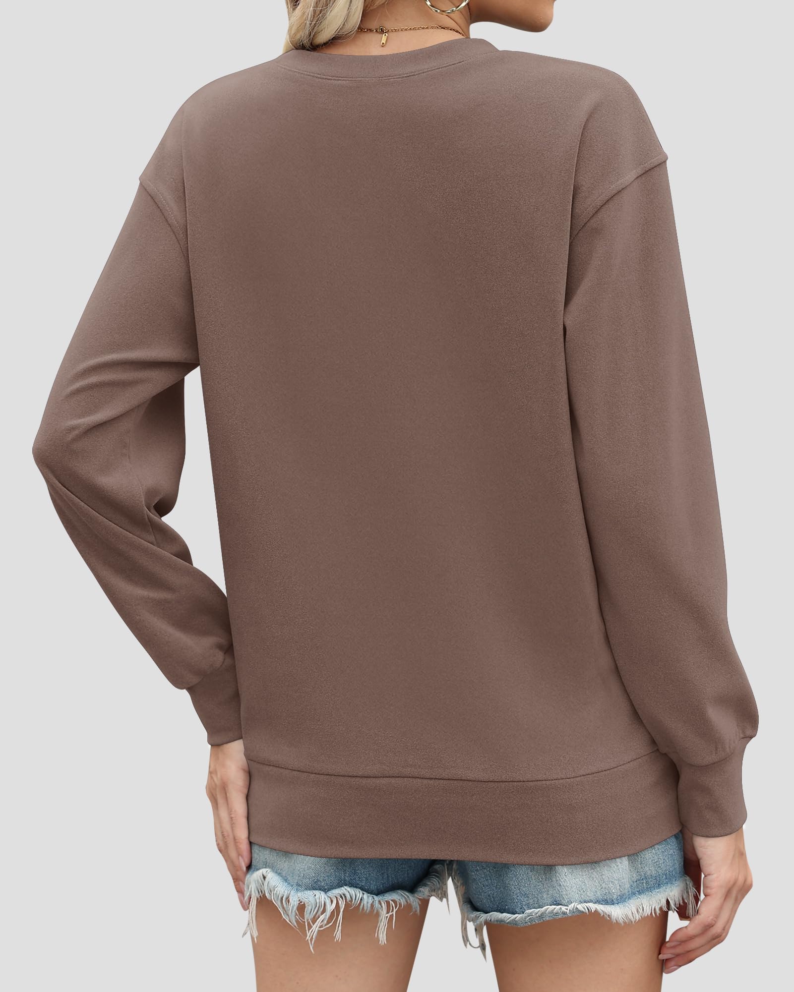 AUSELILY Women’s Crewneck Hoodless Sweatshirt Oversized Long Sleeve Pullover Tops with Pockets 2025 New X Decoration Coffee Brown Medium