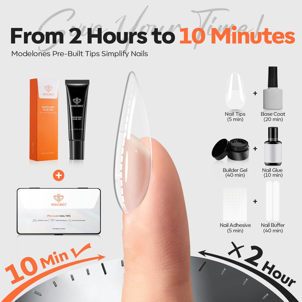 modelones Pro Luxe Instant Nail Apex Tips 15 Sizes, Medium Almond Extension Gel Tips Pre-building & Pre-etched Thicker Strength Acrylic Fake Nails Full Cover 120 Pcs
