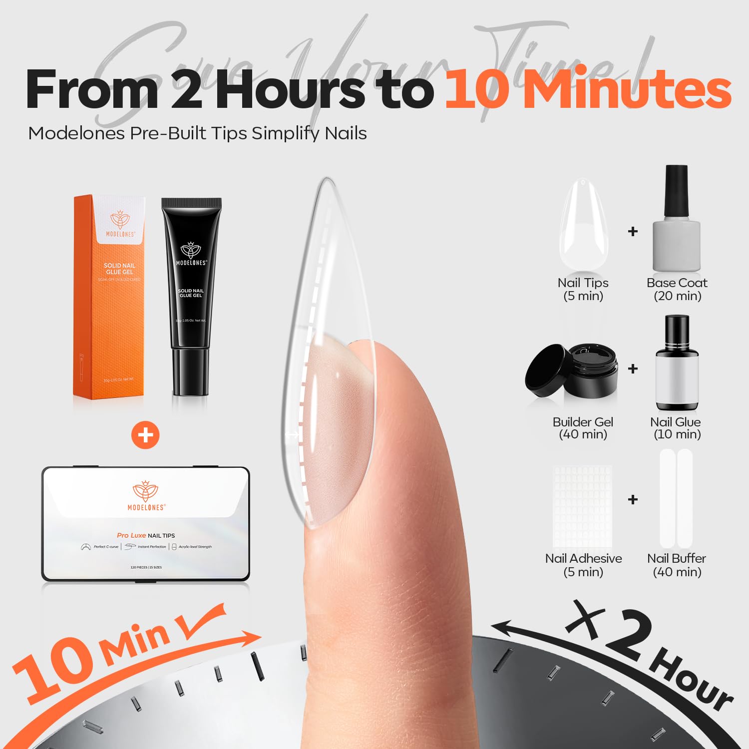 modelones Pro Luxe Instant Nail Apex Tips 15 Sizes, Medium Almond Extension Gel Tips Pre-building & Pre-etched Thicker Strength Acrylic Fake Nails Full Cover 120 Pcs