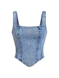 WDIRARA Women's Denim Corset Tank Top Asymmetrical Hem Crop Tops Sleeveless Zip Up Back Tanks Light Wash Small