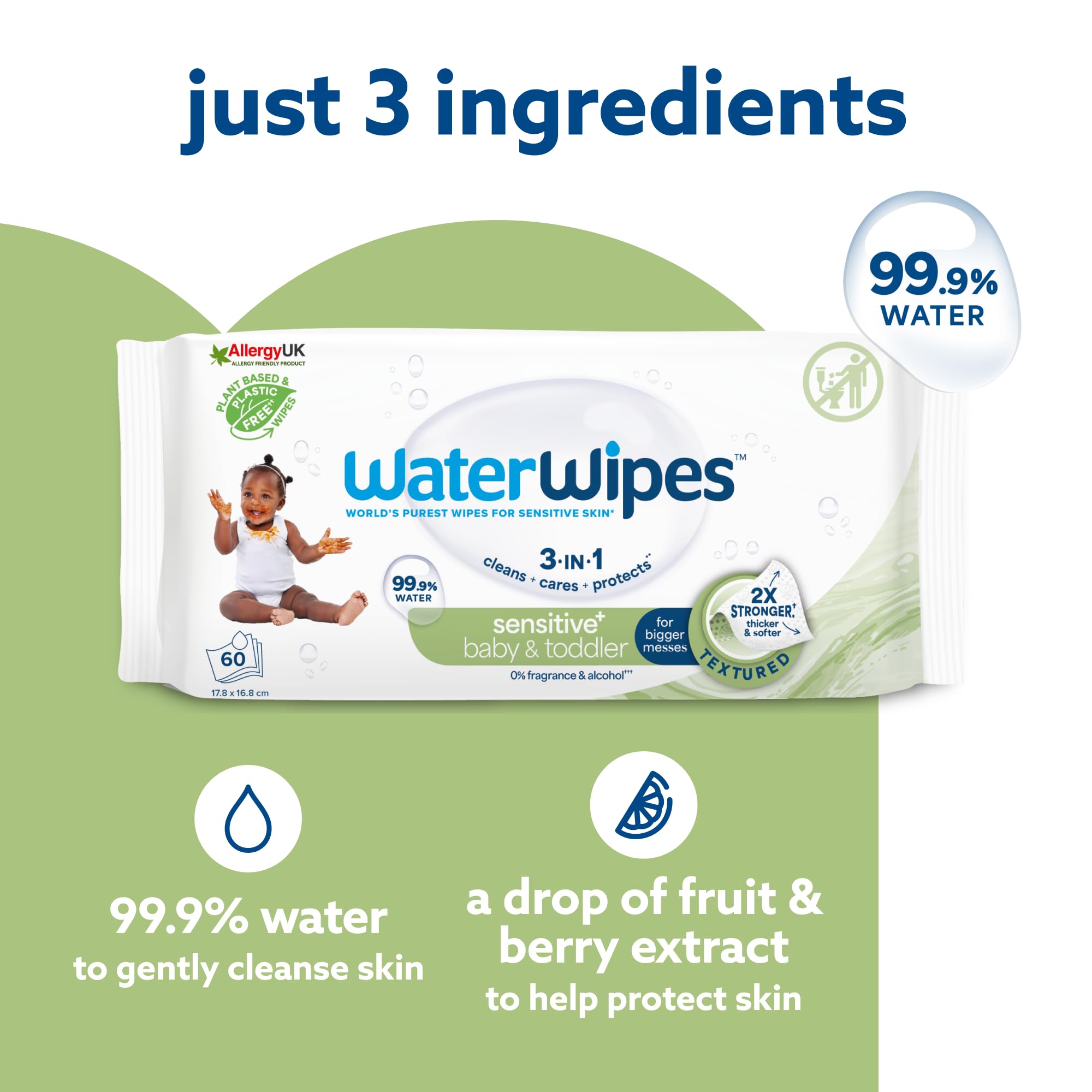 WaterWipes Sensitive+ Baby & Toddler Wipes, 180 Count (3 Packs), 3-In-1 Cleans, Cares, Protects, 99.9% Water, Textured Clean, Unscented