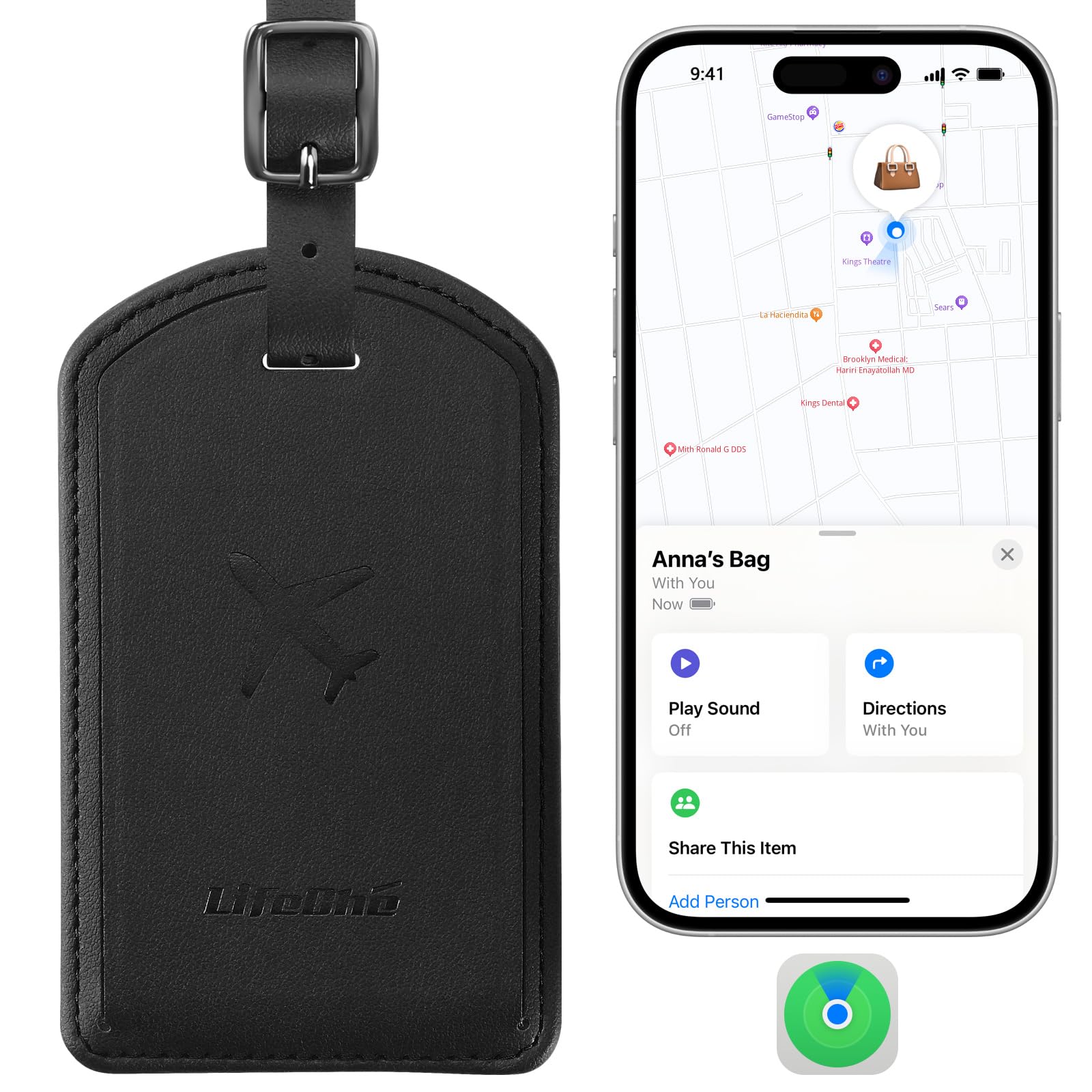 Luggage Tags Built-in Anti-Loss Tracker, Luxury Leather Luggage Tags for Suitcase, Travel Bags, Backpacks, Travel Organizer for Lost Baggage Prevention (Black*1 Pack)