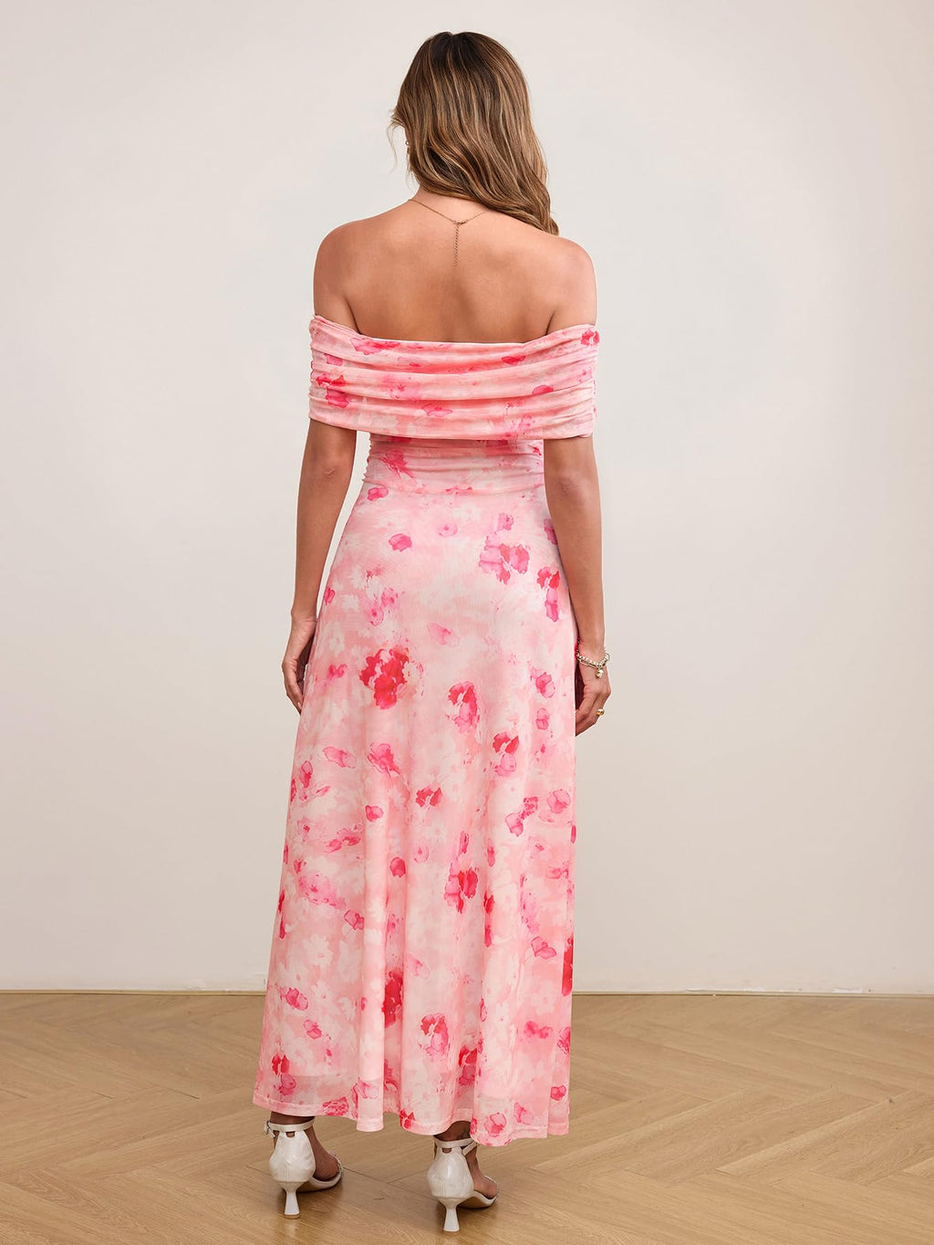 KUTUMAI Women Floral Off Shoulder Maxi Dress Summer Ruched Bodycon Long Formal Wedding Guest Dresses 2026 PinkWhiteF M