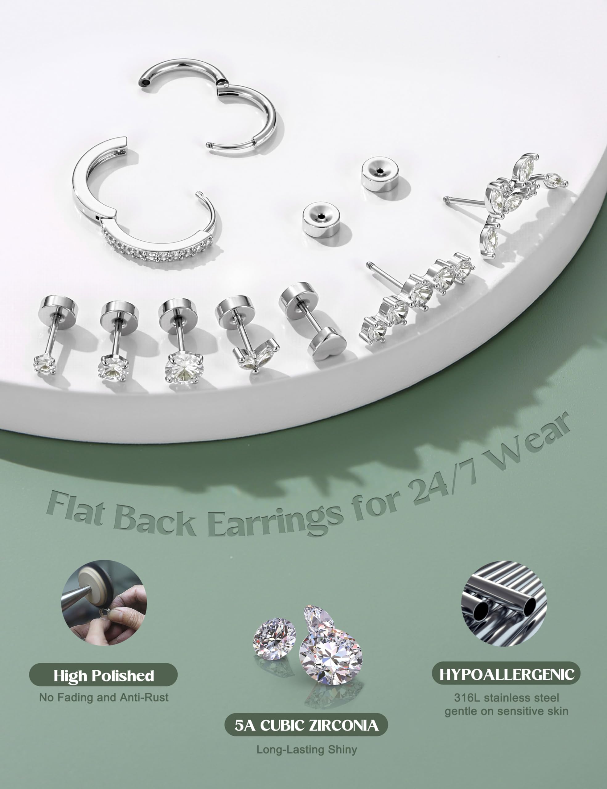 LOLIAS Hypoallergenic Flat Back Earrings Cartilage Earring Stacks - Surgical Steel Earrings for Sensitive Ears - Small Stainless Steel Flatback Stud Hoop Earring Sets for Helix Tragus Conch Daith Multiple Piercing Jewelry Trendy Silver