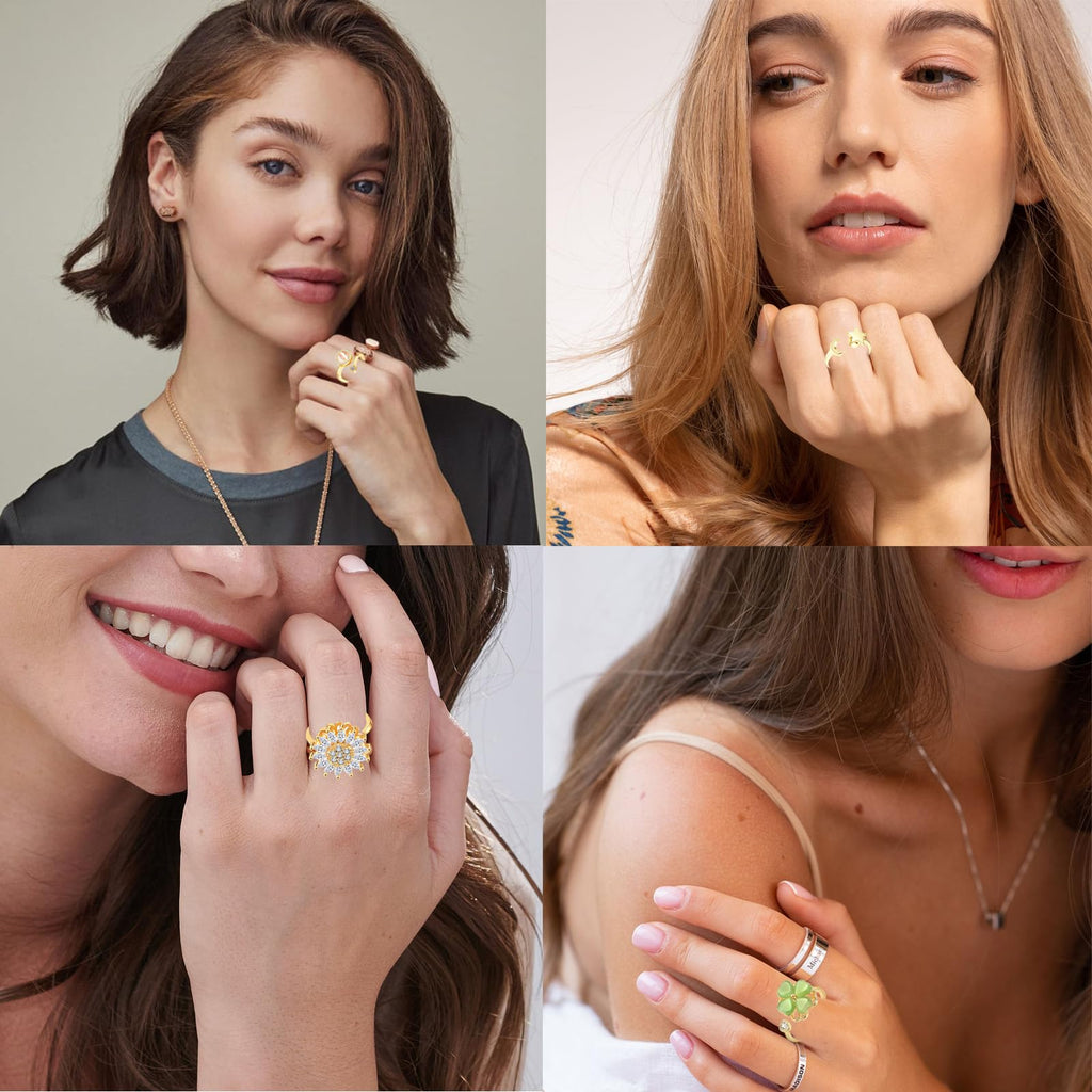 LOWNOUR Fidget Ring Anxiety Rings for Women Gold 9pcs Adjustable Spinner Ring CZ Diamond Sunflower Moon Star Four Leaf Heart Bead Fidget Rings for Anxiety Stress Relief for Women