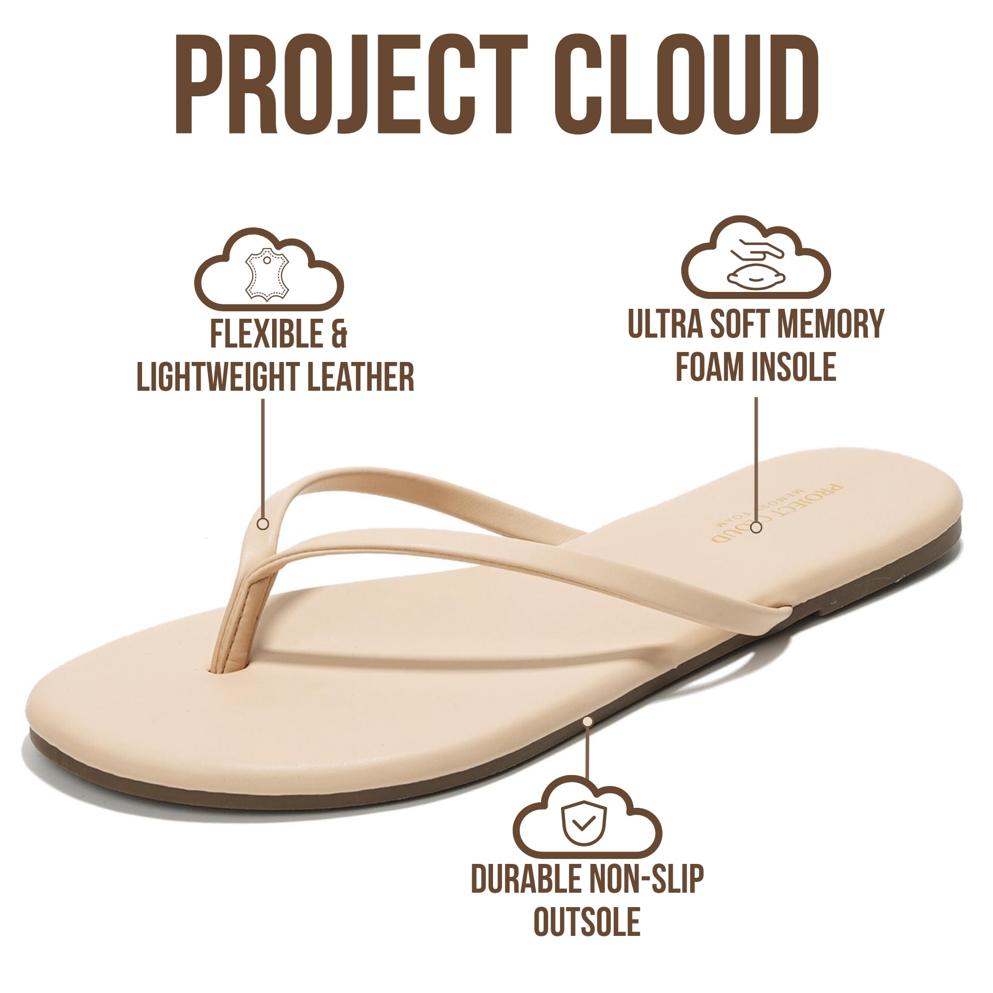 Project Cloud Flip Flops for Women Footwear- Lightweight and Memory Foam Insole Sandals for Women 2026 - Durable Non-Slip Beach Essentials Flats for Women Sandals (Foundations, Beige, 8)