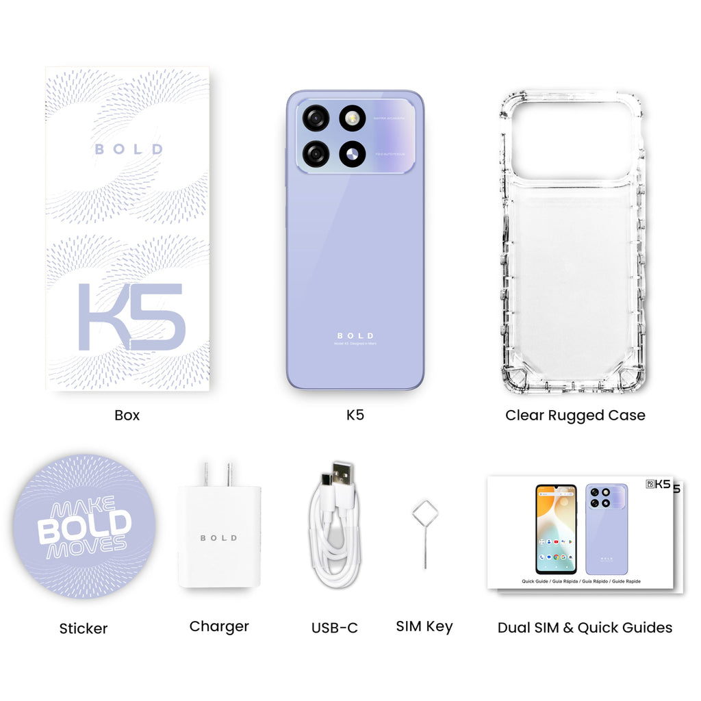 BLU Bold K5 | 2025 | All-Day Battery | Unlocked | 6.8” HD+ Infinity Display | 64GB/4GB | Dual 13MP Camera | US Version | US Warranty | (Lilac)