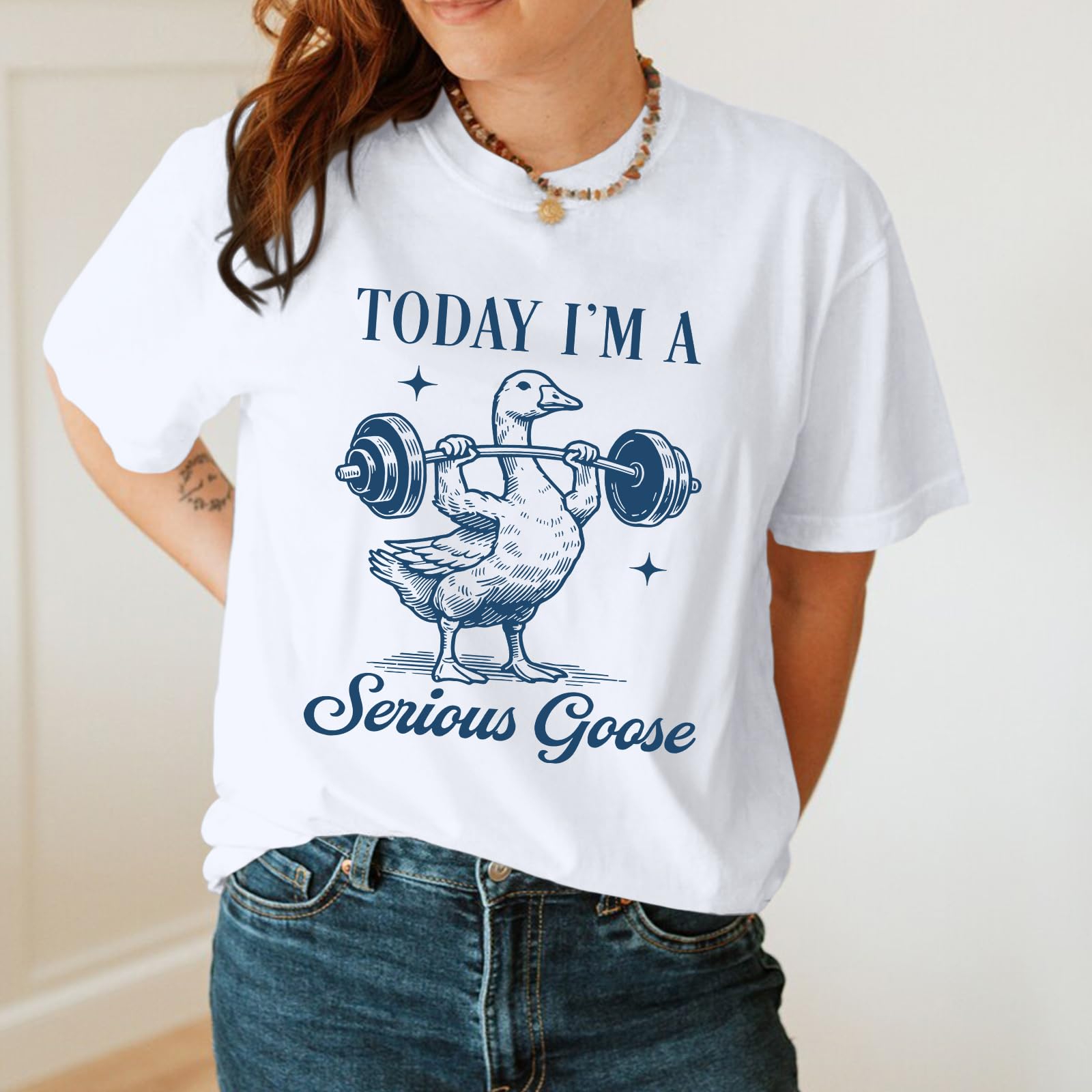 Cayxatiu Today I'm A Serious Goose Shirt Funny Silly Goose T Shirts for Women Gym Weightlifting Tshirt Cute Graphic Tees(White,L)