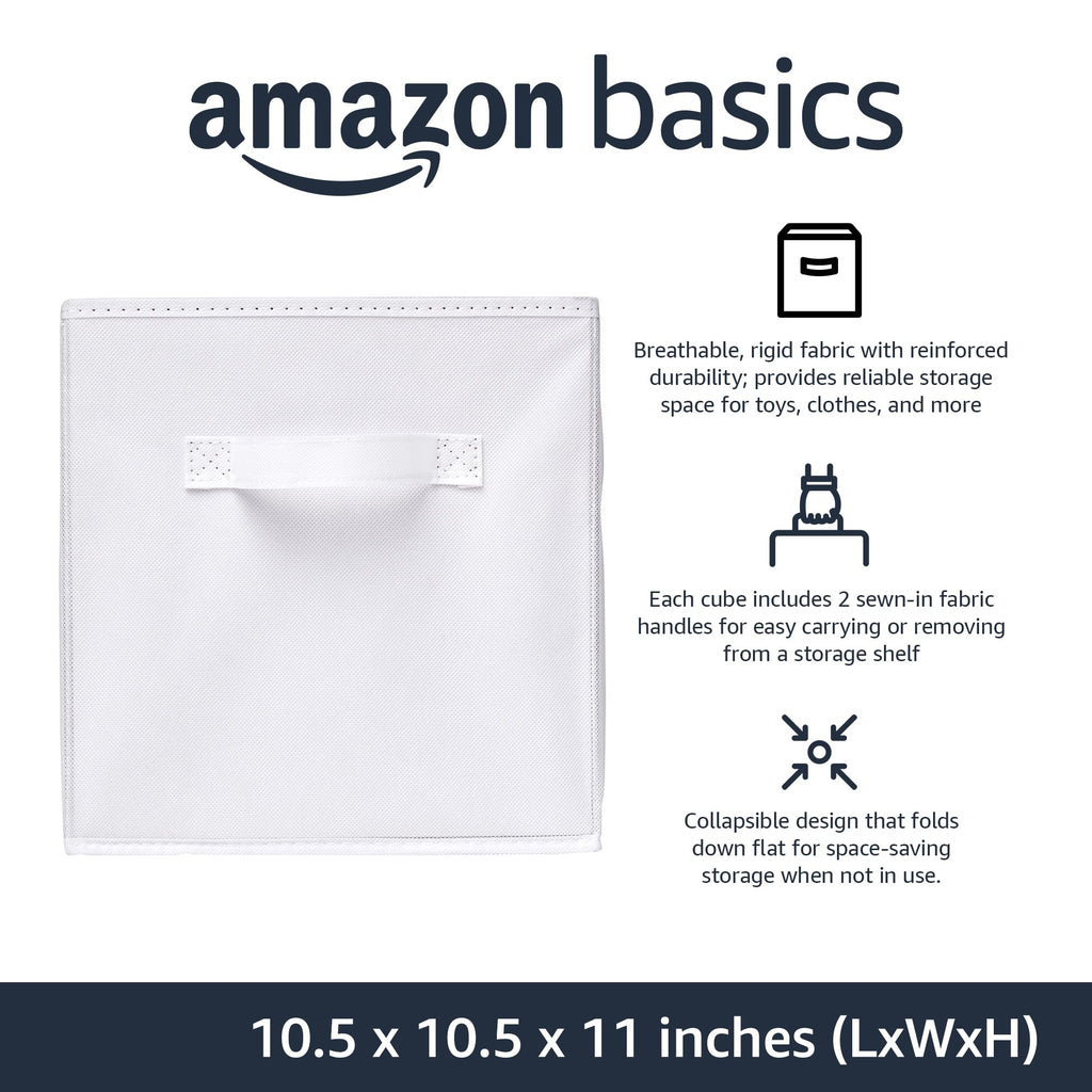 Amazon Basics Collapsible Fabric Storage Cubes Organizer with Handles, Sturdy, White, 10.5-x-10.5-x-11-inch, Pack of 6