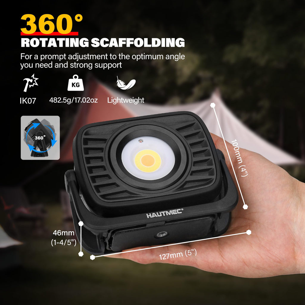 HAUTMEC 1500LM COB Rechargeable Work Light, 360° Rotatable Magnetic Work Light, 4 Brightness & 4 Color Temps, Red/Strobe, 8000mAh Power Bank, IPX4 for Car Repair, Camping, Emergency