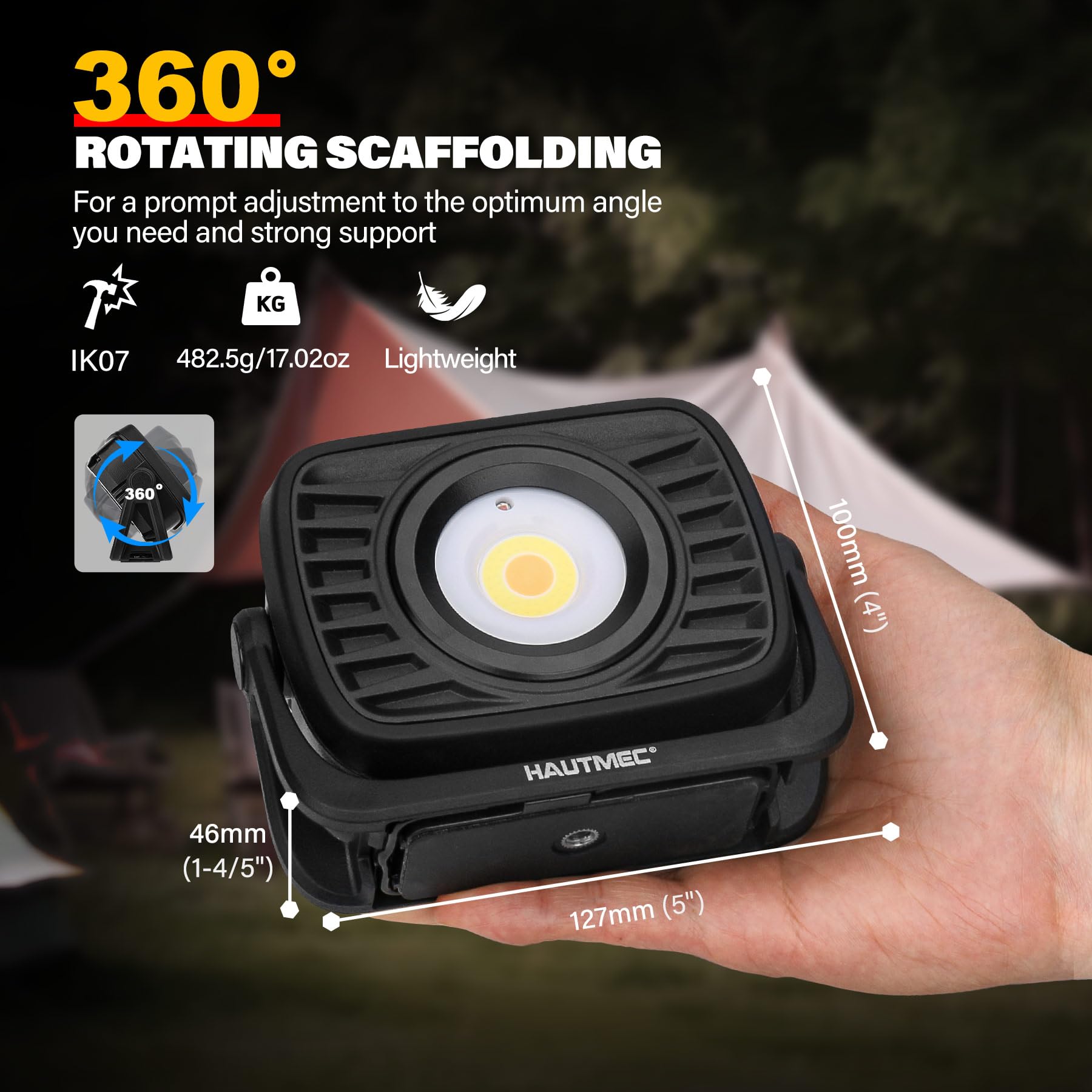 HAUTMEC 1500LM COB Rechargeable Work Light, 360° Rotatable Magnetic Work Light, 4 Brightness & 4 Color Temps, Red/Strobe, 8000mAh Power Bank, IPX4 for Car Repair, Camping, Emergency