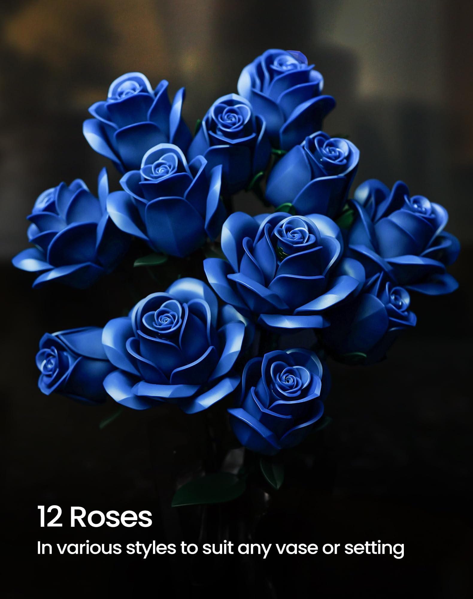 iATOM Blue Rose Bouquet Building Set, 12Pcs Flowers Botanical Collection for Adults, Valentine's Day Gift for Her/Girlfriend/Mom/Wife/Couple, Vintage Home Office Table Centerpiece Decor Aesthetic