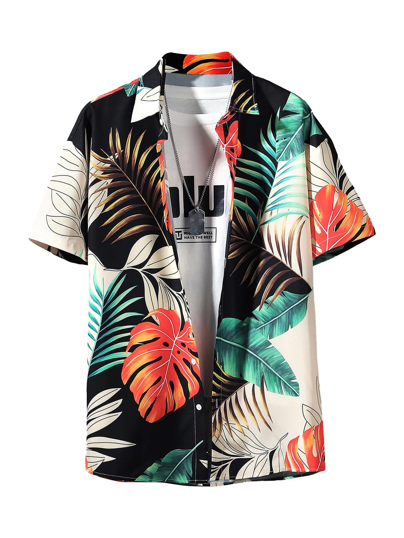 GORGLITTER Men's Vacation Beach Cruise Summer Outfits 2 Piece Shorts Set Hawaiian Button Down Shirt and Shorts Green Multi Large