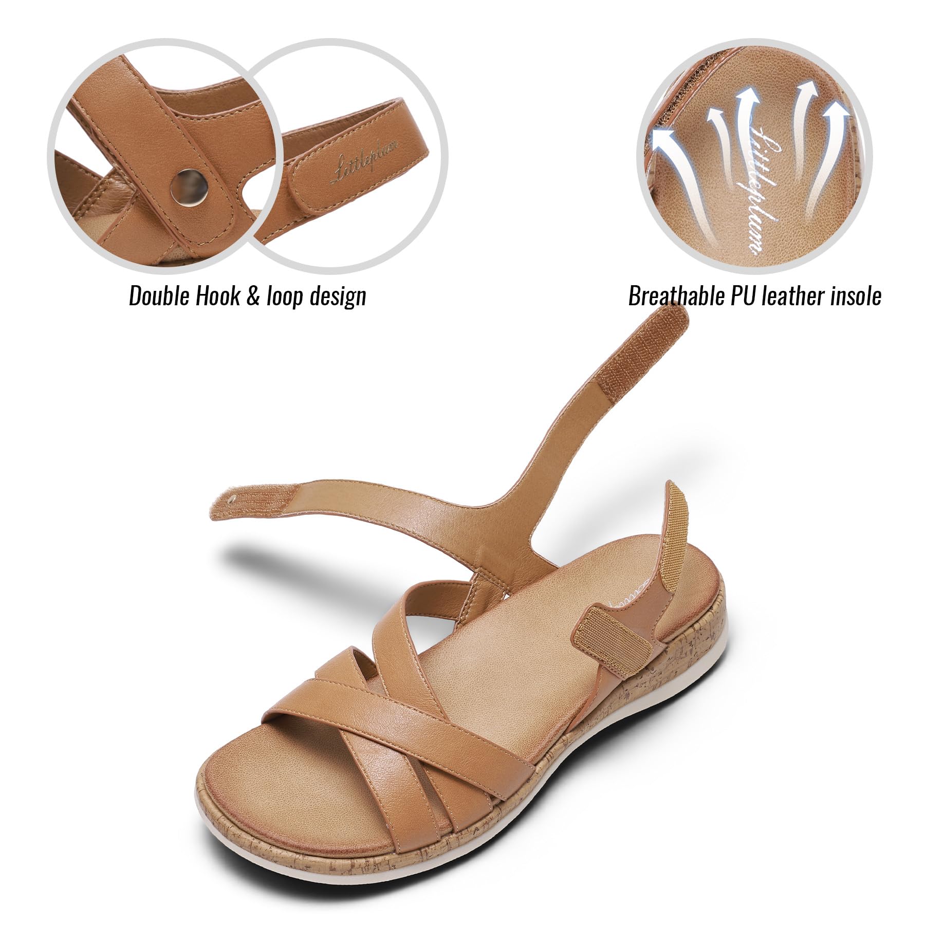 Littleplum Orthopedic Sandals for Women Arch Support - Comfortable Flat Sandals, Dressy Orthotic Summer Walking Shoes with Adjustable Strap for Work Walking Beach, Brown Size 7.5