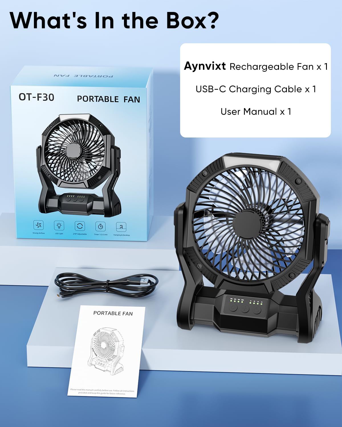 Aynvixt Portable Rechargeable Fan, 20000mAh Battery Powered Camping Fan with LED Light & Hook, 270° Adjustable, 4-Speed, 4H Timer Camping Essentials for Outdoor Tent Travel BBQ Car, Gifts for Men Dad