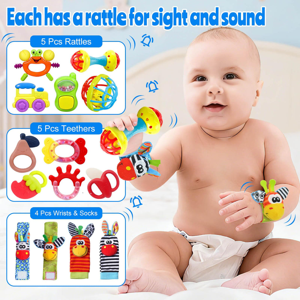 Baby Toys 0-6 Months - Baby Rattles Teething Toys 3-6 Month Infant Toys 6-12 Months Teether Toy 3 4 5 6 Month Old Newborn Essentials Must Haves Wrist Socks Christmas Gifts Valentines Gifts for Kids