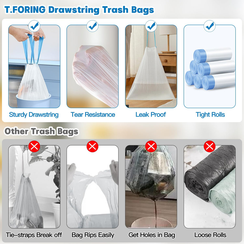 T.FORING Small Trash Bags 4 Gallon with Drawstring, 1.1 Mil 15 Liter White Thick Unscented Small Plastic Garbage Bags for Bathroom, Wastebasket Liners for Toilet Home Office and Bedroom (4 Gal-120)