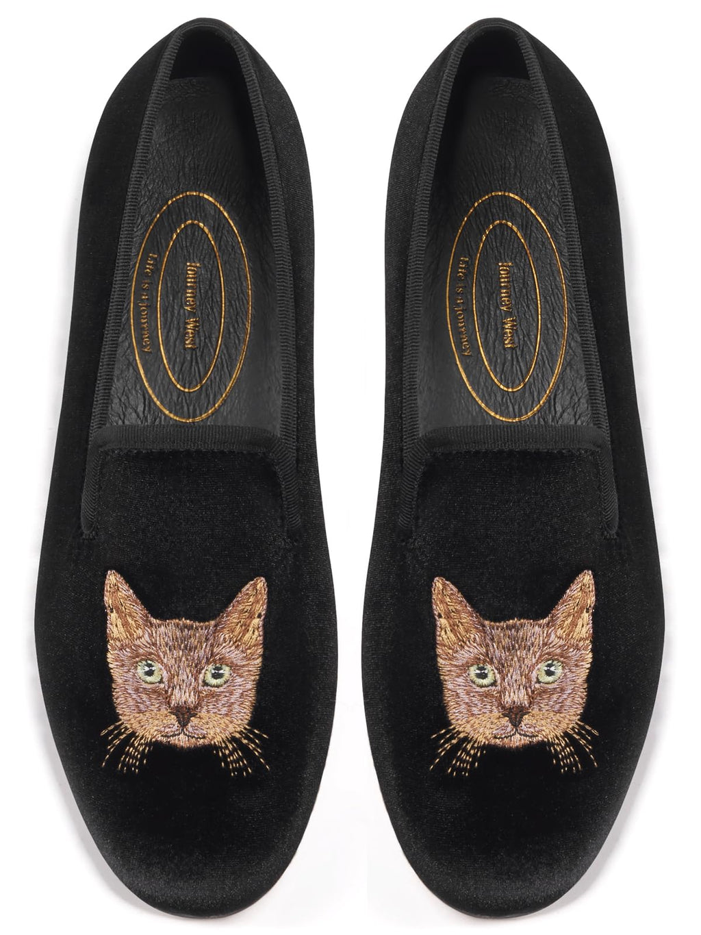 Journey West Women's Velvet Loafer Flat with Embroidery Smoking Slippers Slip on Shoes for Women Cat Black US 9.5