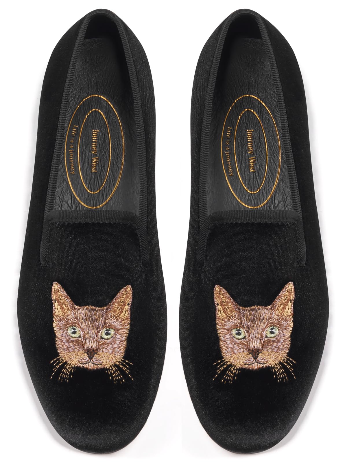 Journey West Women's Velvet Loafer Flat with Embroidery Smoking Slippers Slip on Shoes for Women Cat Black US 9.5