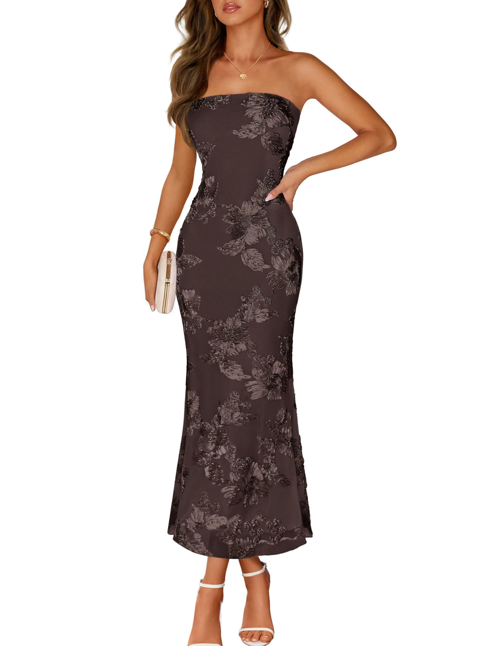 MEROKEETY Women's Floral Strapless Maxi Dress 2026 Summer Mesh Tube Bodycon Formal Wedding Guest Cocktail Party Long Dresses, Coffee, X-Large