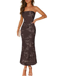 MEROKEETY Women's Floral Strapless Maxi Dress 2026 Summer Mesh Tube Bodycon Formal Wedding Guest Cocktail Party Long Dresses, Coffee, X-Large