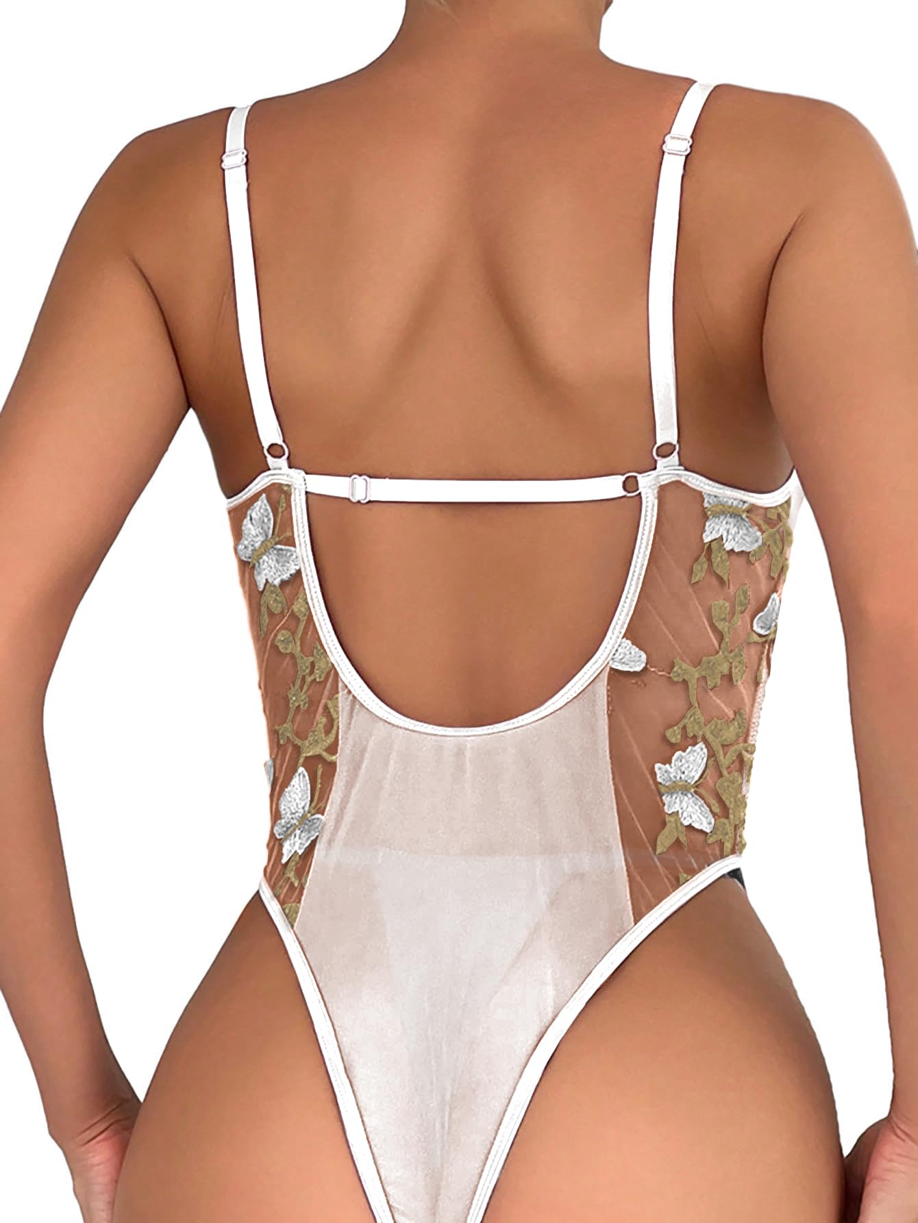 Lilosy Women Sexy Lace Up Butterfly Embroidered Teddy Babydoll Lingerie Bodysuit Top Mesh Sheer One Piece See Through Light Butterfly White Medium