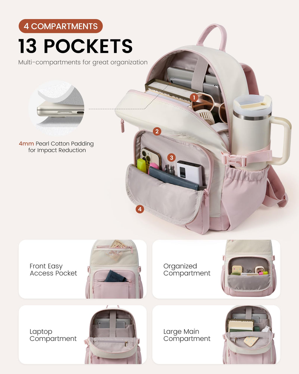 LOVEVOOK Laptop Backpack for Women with Giant Tumbler Holder - DIY Cute 15.6Inch Work Computer Travel Backpack with Laptop Compartment, Large Capacity College Commuter Teacher Purse Bag, Gift Pink