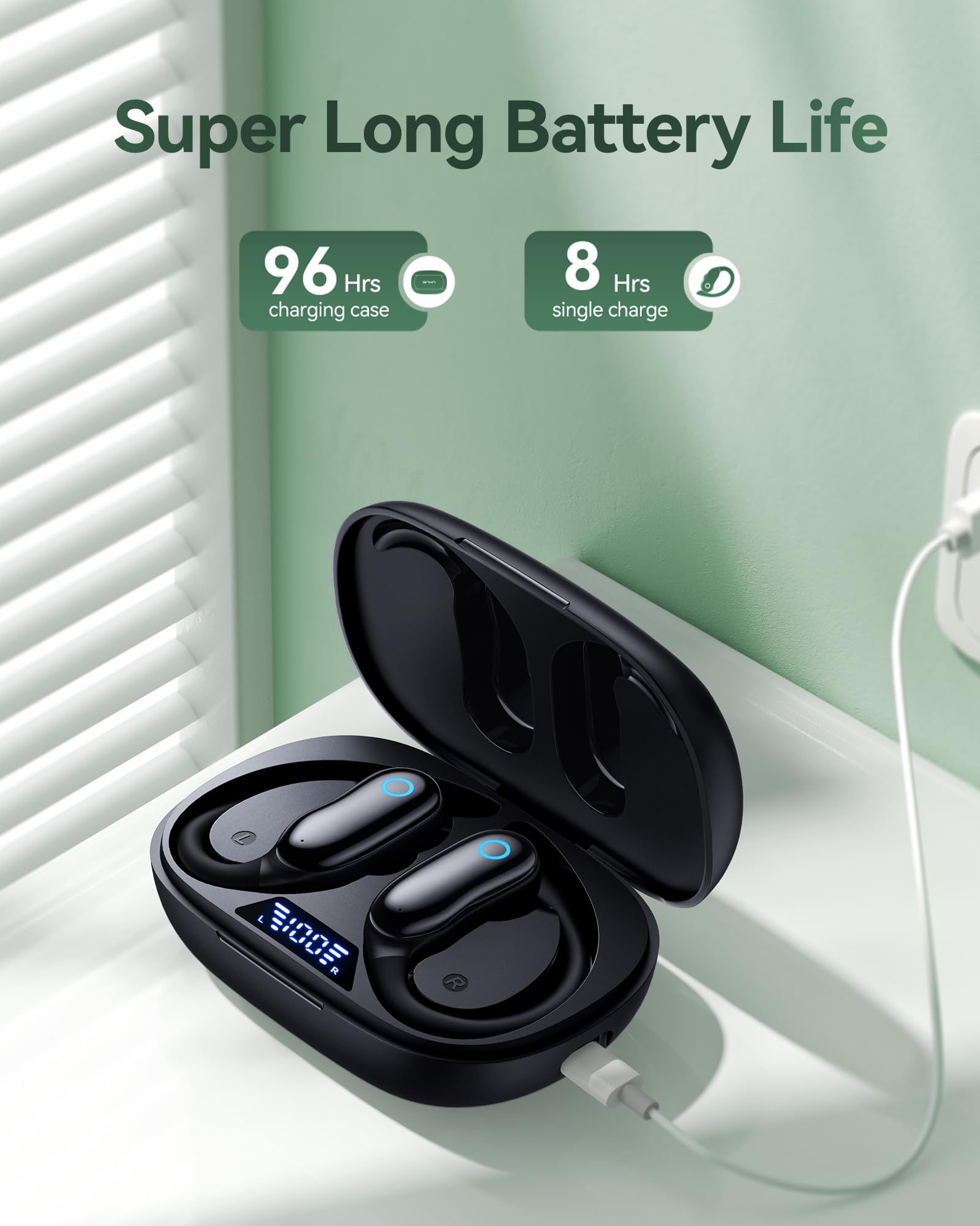 GNMN Active Noise Cancelling Ear Buds Wireless Earbuds 96hrs Playback Bluetooth Headphones Dual Battery Display Stereo Bass Earphones with Earhooks (Standard, Black)