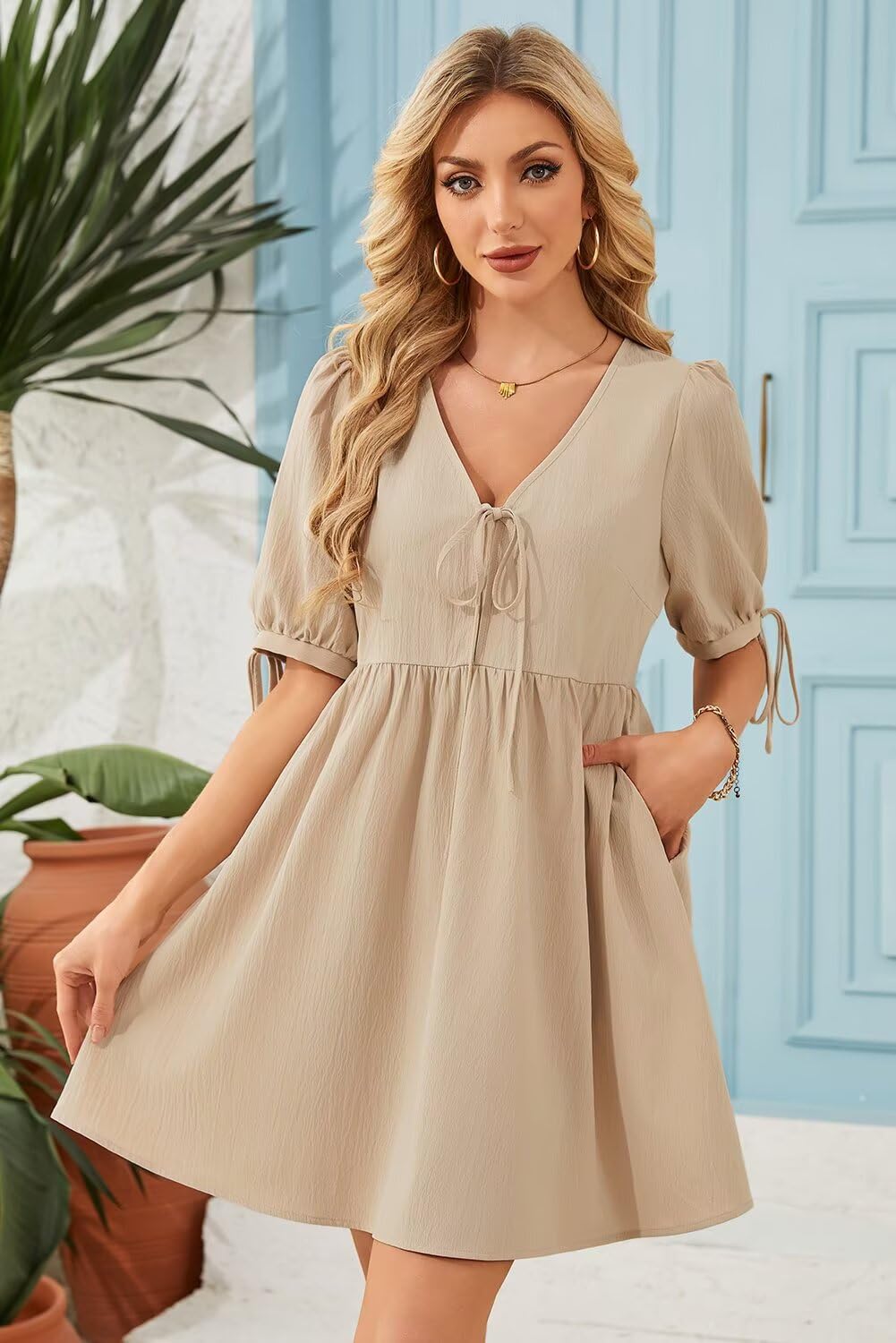 Dokotoo Womens Dresses 2026 Summer Spring V Neck Bow Tie Short Sleeve Empire Waist A-Line Mini Dress Flowy Dresses for Women Apricot XX-Large