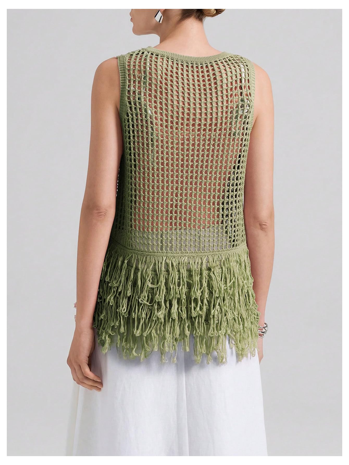 Milumia Women's Hollow Out Fringe Knitted Tank Top Sexy Sheer Sleeveless Long Sweater Vests Army Green Small