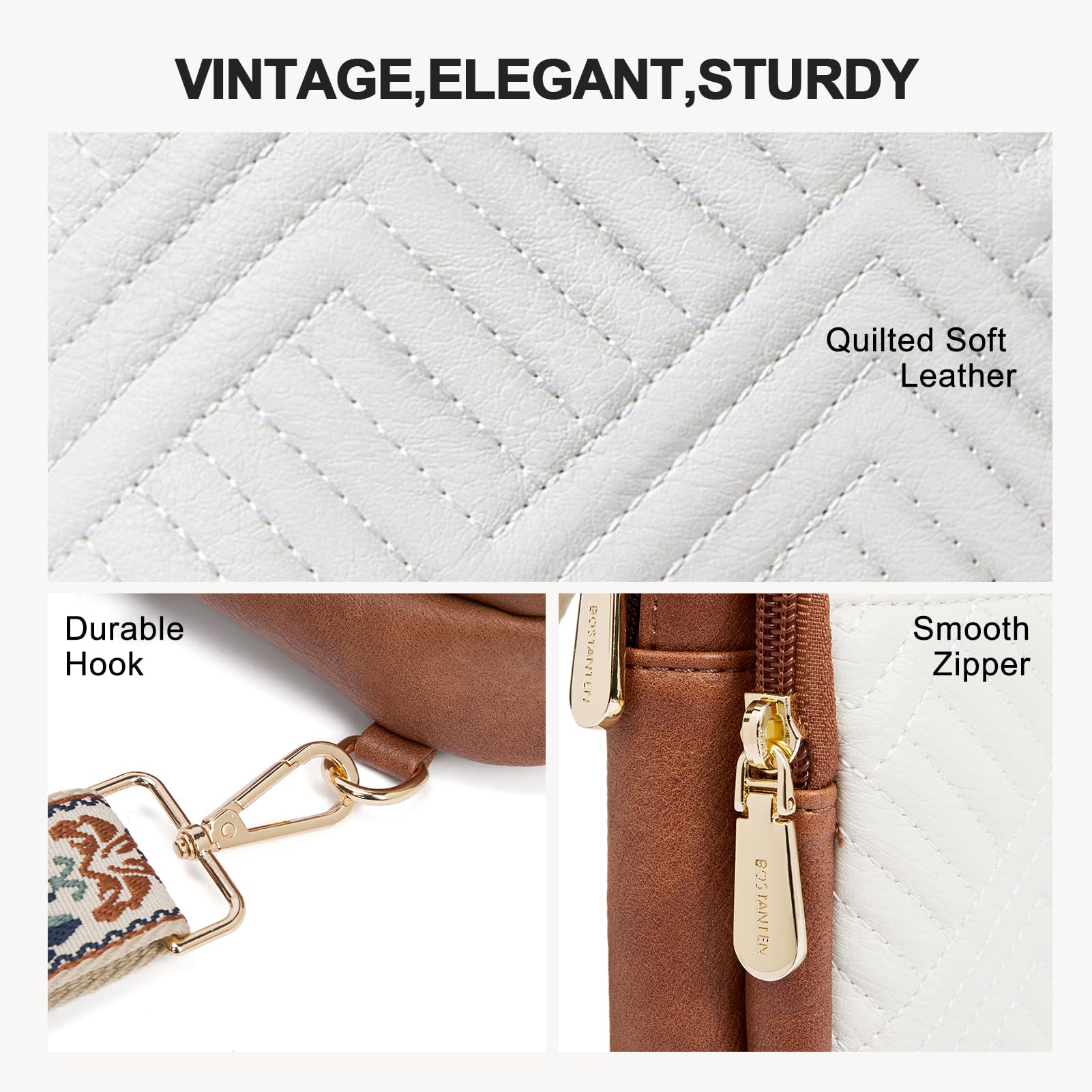 BOSTANTEN Sling Bag Quilted Crossbody Bags for Women Cross Body Purse Leather Fanny Pack with Adjustable Guitar Strap