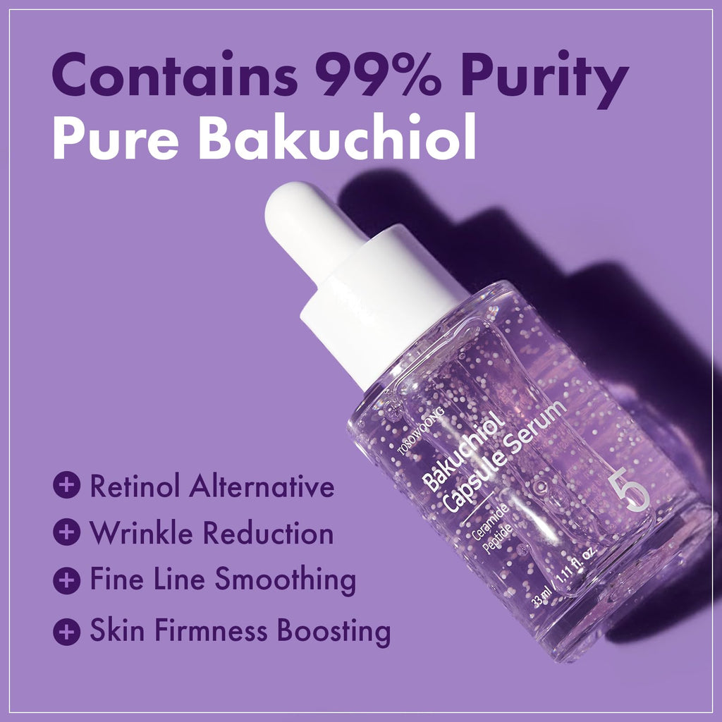 TOSOWOONG Bakuchiol Capsule Serum, 5,000ppm Bakuchiol Retinol Natural Alternative, Anti-Aging, Plumping, Pore, Wrinkles, 8 Hyaluronic Acids, 5 Ceramides, Hydration, Korean Skincare, 33ml/1.11 fl.oz.