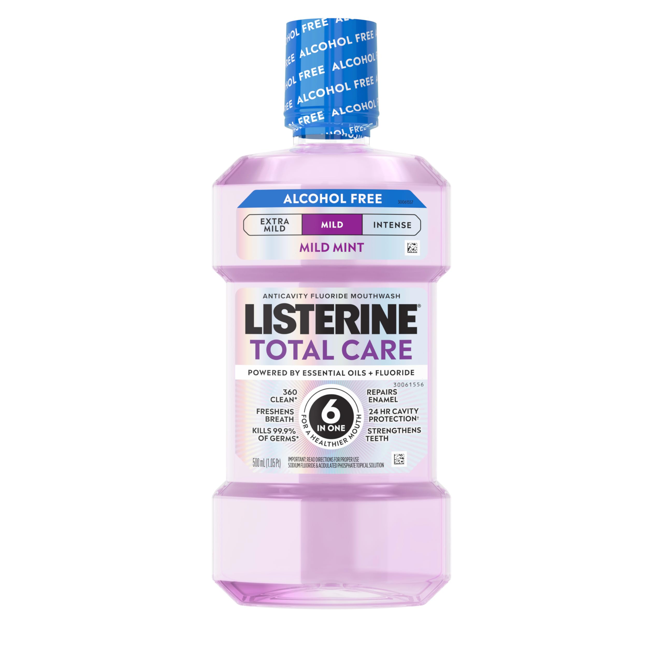Listerine Total Care Alcohol-Free Mild Mouthwash, 6 Benefit Oral Rinse to Help Kill 99.9% of Germs That Cause Bad Breath, Strengthen Enamel, Mild Mint Flavor, 500 mL