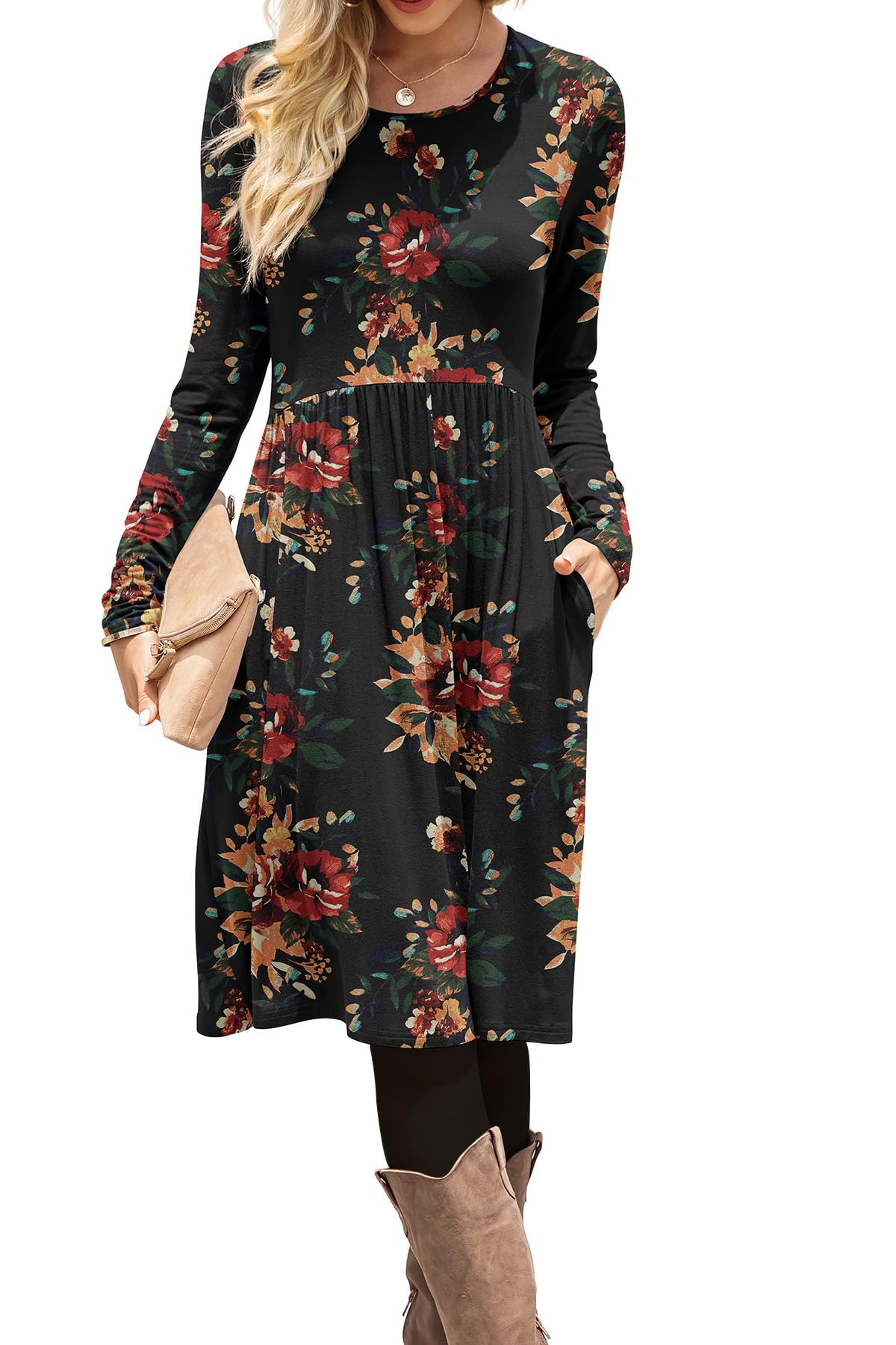 DB MOON Women Casual Long Sleeve Dresses Empire Waist Loose Dress with Pockets (Brown Floral Black, M)