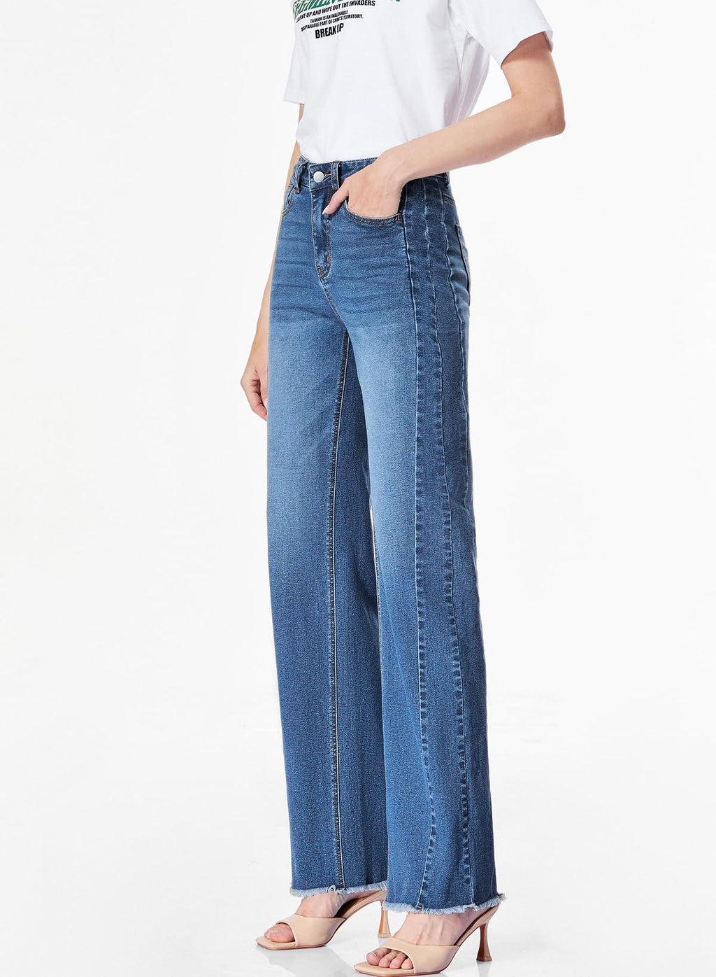 Sidefeel Women's Wide Leg Jeans High Waisted Stretchy Raw Hem Denim Pants Size 16 Blue