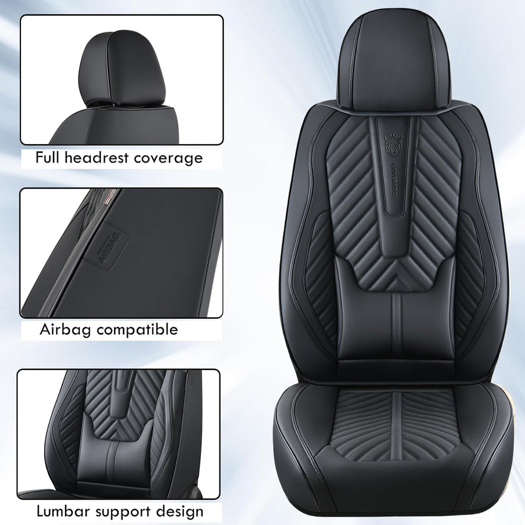 Coverado Seat Covers Front Seats, Car Seat Cover Protector with Lumbar Support, Waterproof Car Seat Cushion, Nappa Leather Black Seat Covers Carseat Cover Universal Fit for Most Cars