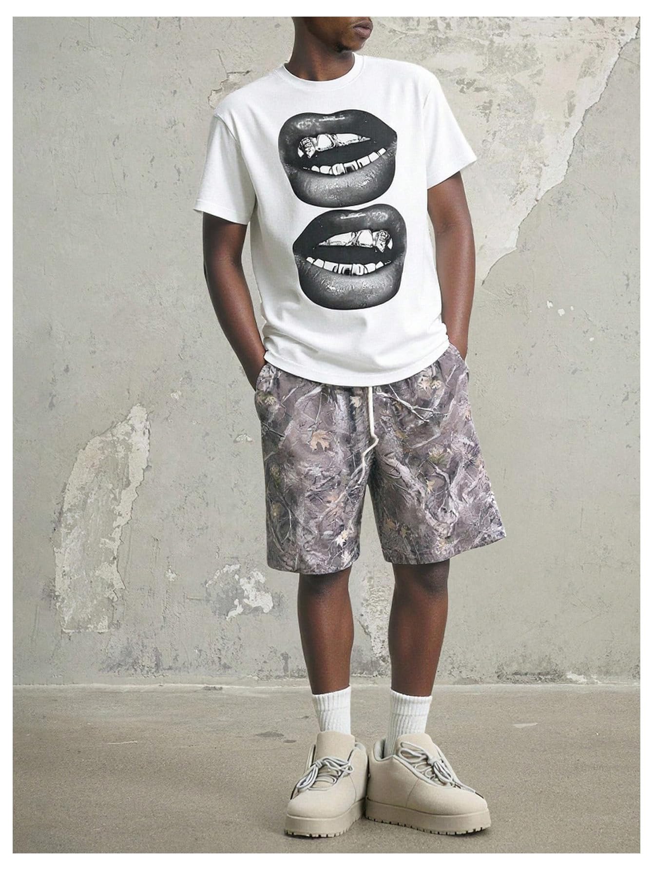 WDIRARA Men's 2 Piece Outfit Short Sleeve Lip Graphic Tees Camo Shorts Set Streetwear Outfits Multicolor Medium