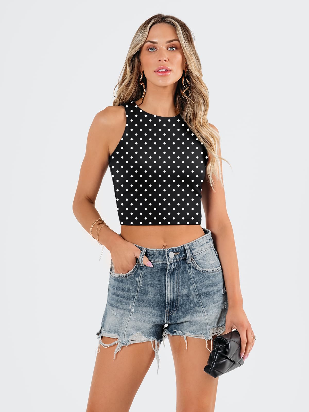 EFAN Womens Sexy Sleeveless Double Lined Crop Tops Workout Cute Tight Racerback Tank Tops Summer Clothes Teen Girls 2025 Black Dots M