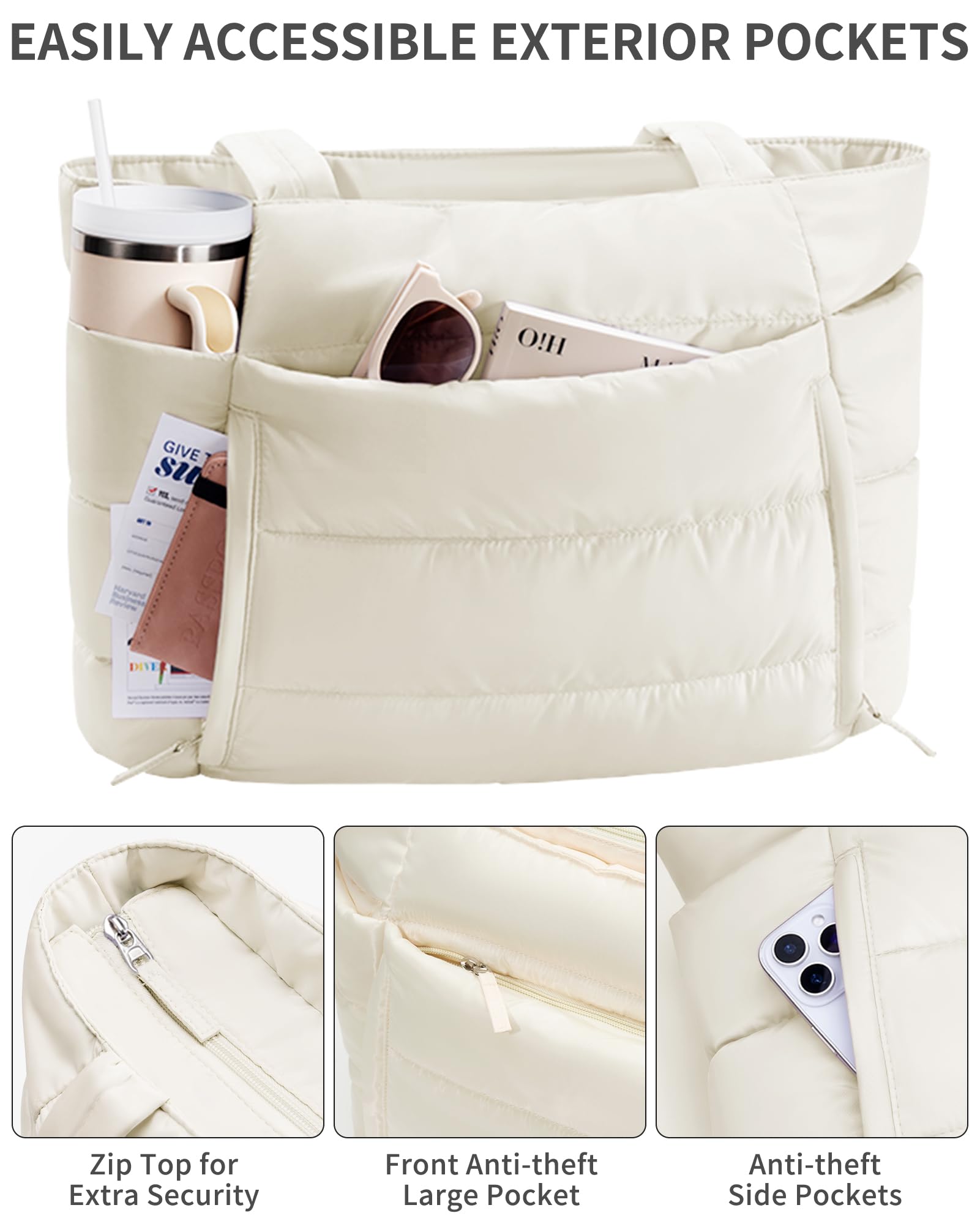 Bagstellar Puffer Tote Bag for Women, Lightweight Puffy Work Handbag Teacher Nurse Quilted Shoulder Bag for School Travel Gym