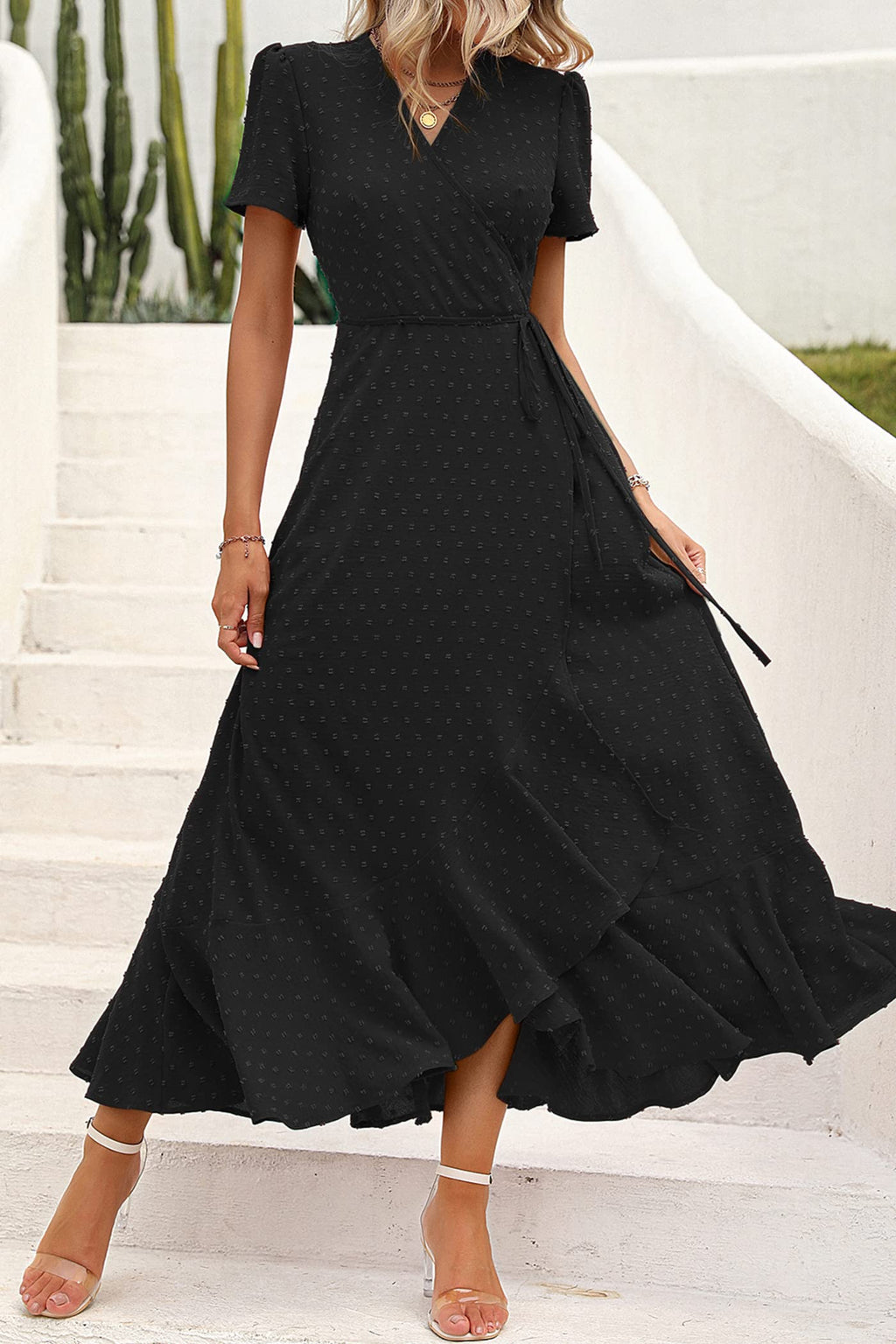 PRETTYGARDEN Women's Summer Wrap Maxi Dress Casual Boho Floral V Neck Short Sleeve Ruffle Hem Split Beach Long Dresses (Z_Black,XX-Large)