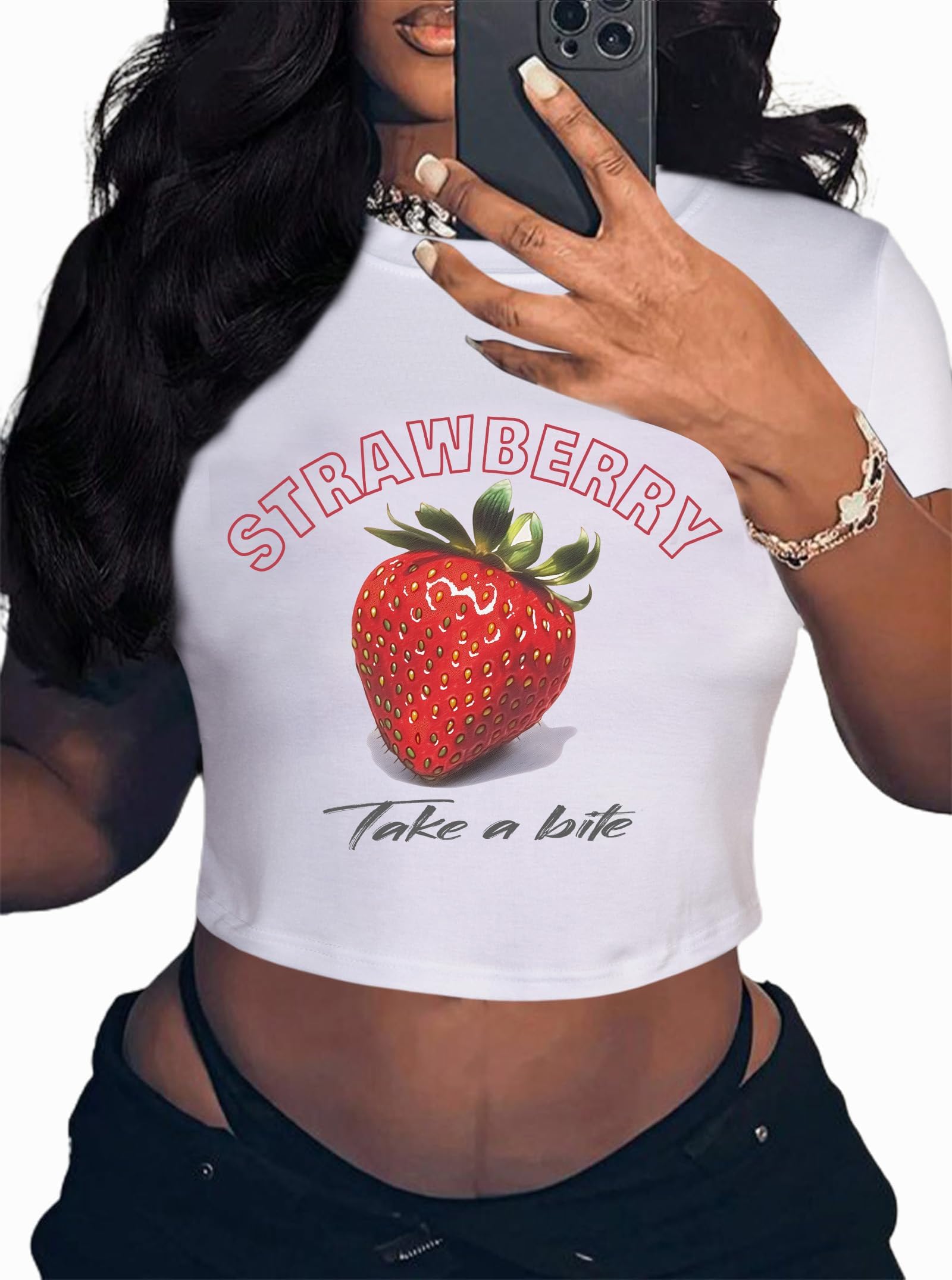 Hilinker Womens Short Sleeve Graphic Crop Tops Vintage Tees Summer Cute T Shirts White Red Strawberry Large